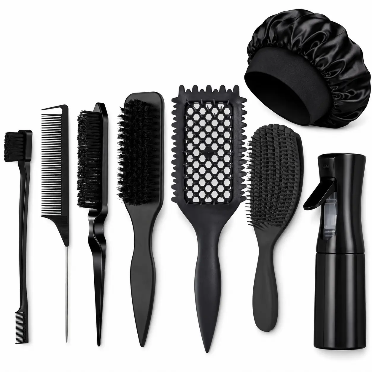 6/8PCS Hair Styling & Care Set with Edge Brush, Rat Tail Comb, Teasing Brush, Detangling Brush, Vented Brush, Spray Bottle & Sleep Bonnet, Complete Daily Styling Kit for Curly, Wavy & Natural Hair