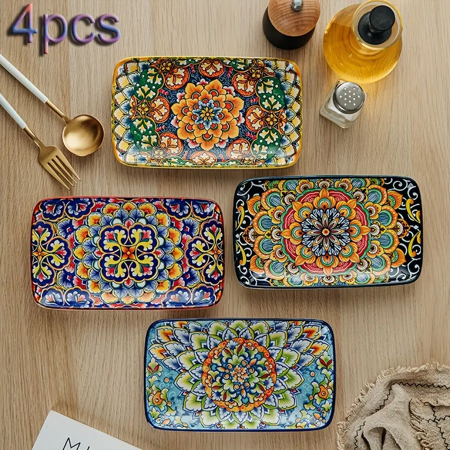 4pcs ceramic salad serving plates set - 8.5 inches, rectangular dessert plate, suitable for sushi, appetizers, cakes - suitable for microwave and oven, kitchen decorative plate, festive New Year gift for housewarming, Food Tableware