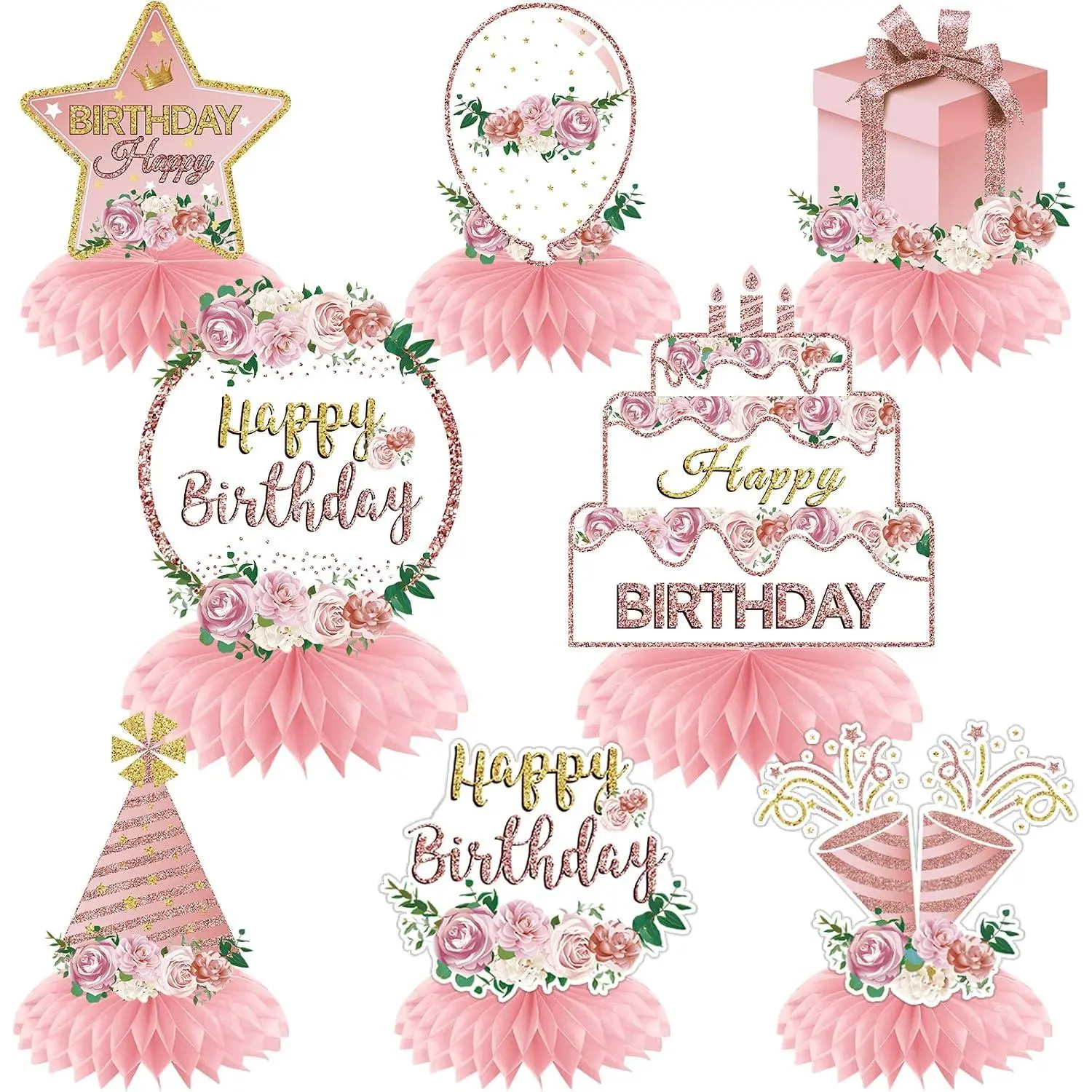 Floral Happy Birthday Decorations  Centerpieces for Women Girls |  8 count  Rose  Floral 16th 18th 21th 30th 40th 50th 60th Birthday Table Topper Party Supplies