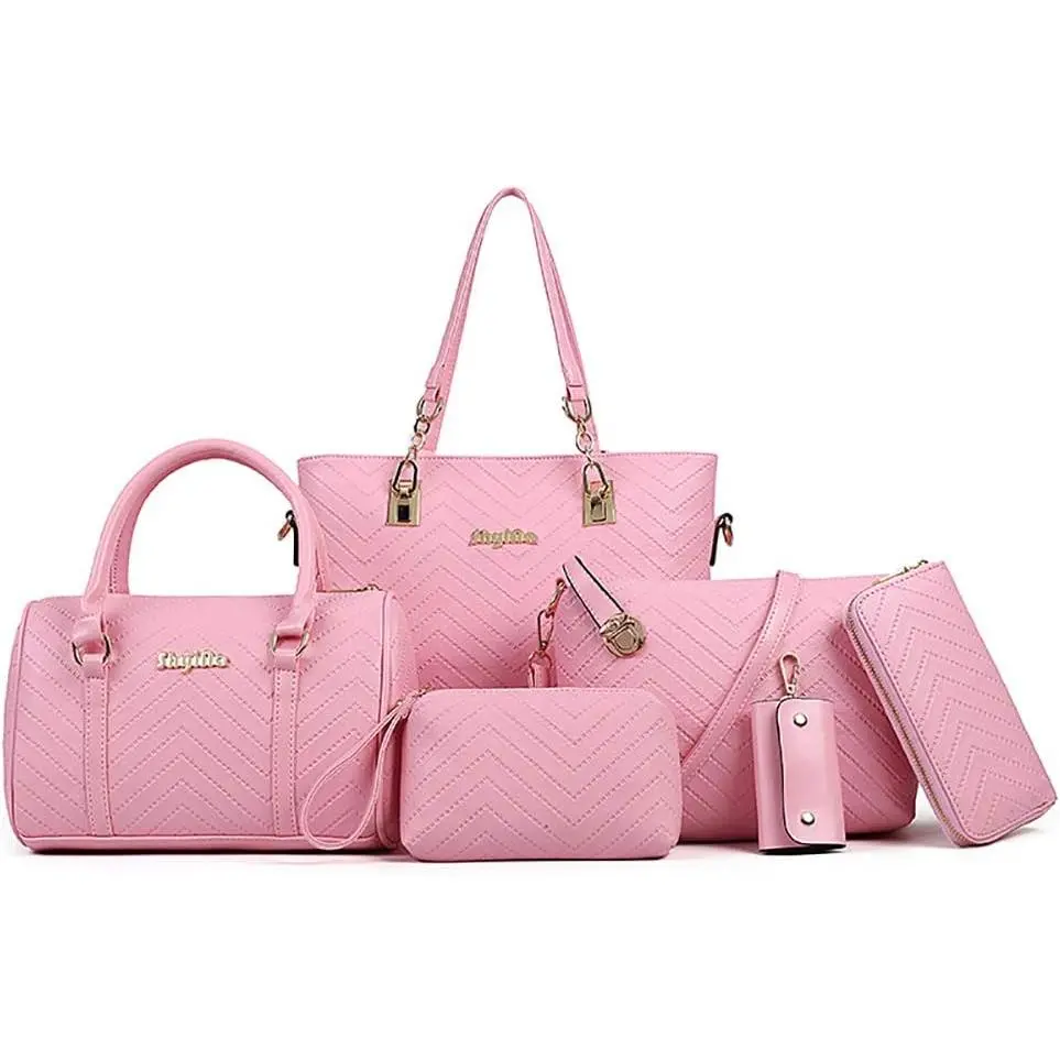 Women Handbags Set 6 count PU Leather Top Handle Purse  Crossbody Bag Sets
