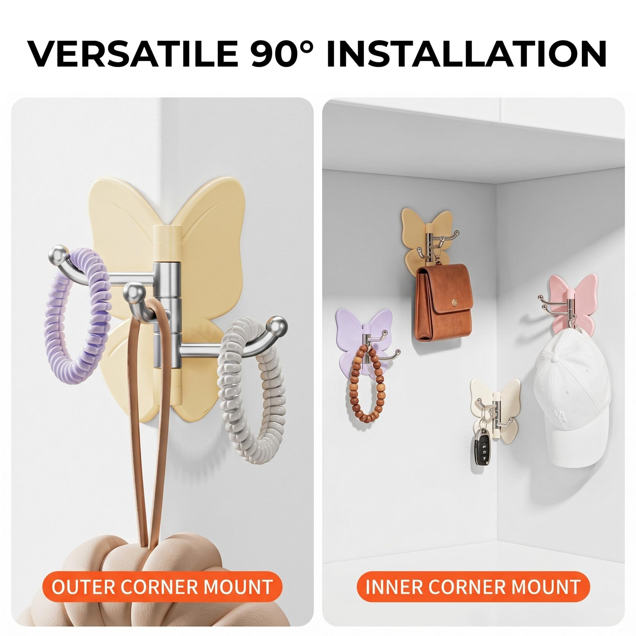 【DealsForYouDays】4-Pack Punch-Free Butterfly Rotatable Corner Hooks, Multi-Angle Fit 90°/180°/270° Walls, 3 Swivel Hanging Rods Self Adhesive Wall Hook for Towels Hats Keys Hair Accessories-YY