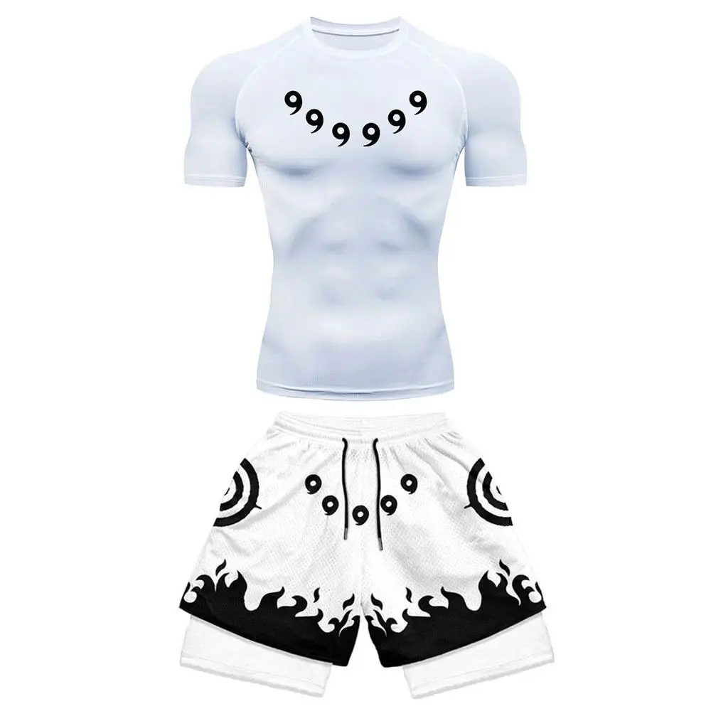 Men's Anime 2-Piece Compression Set, Black Short Sleeve Crew Neck Quick-Dry Polyester Shirt and Shorts for Running, Sizes S, M, XL, Running Gear