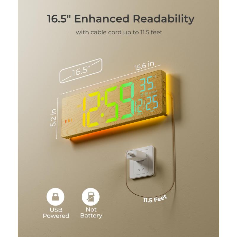 EASYERA 16.5" Large Wood Grain Digital Wall Clock with Remote Control RGB Atmosphere Lights 11 Scenes Dual Alarms LED Display for Livingroom Classroom, Office, Game, Craft Room, Game-Changer for Seniors & Elderly, Grey & Kids.
