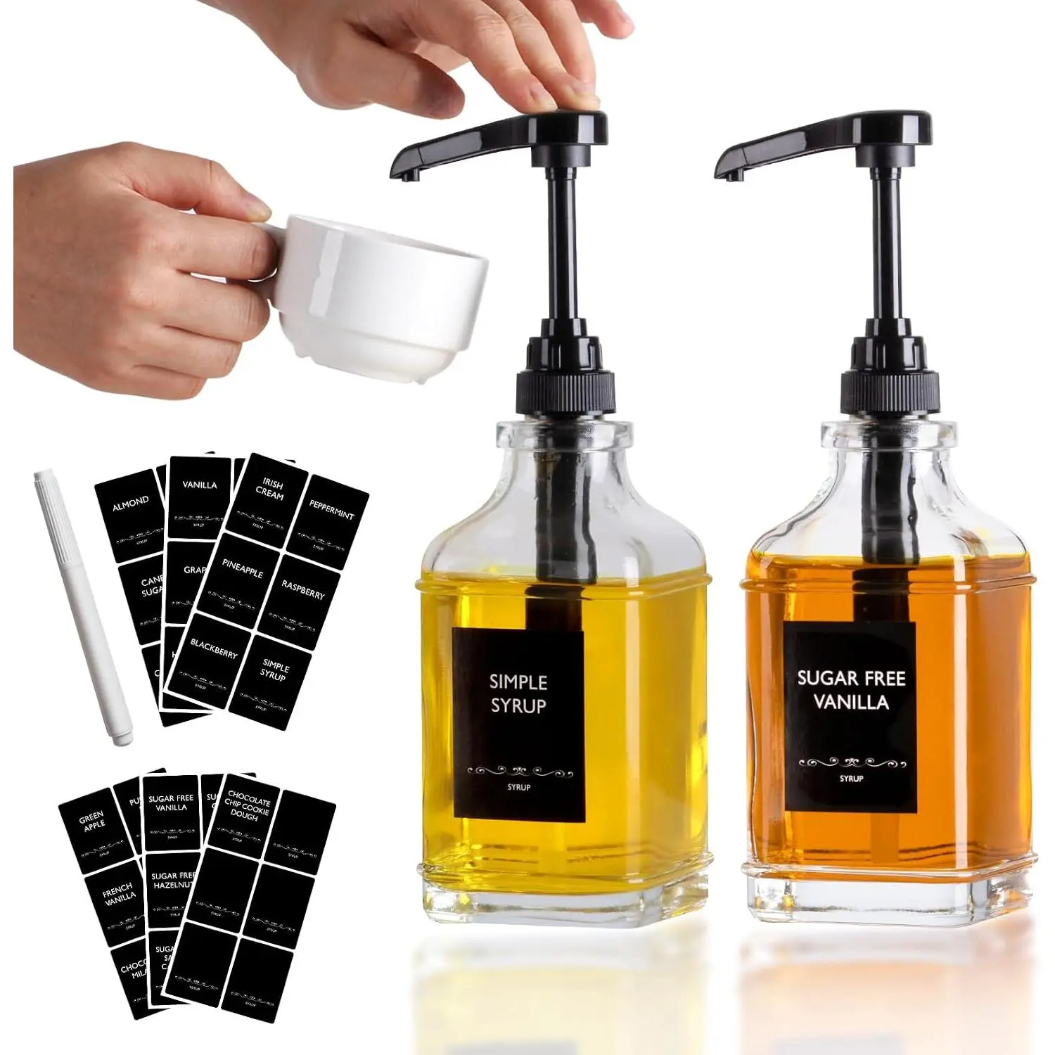 2-Pack 16oz Square Glass Coffee Syrup Dispenser Bottles | Empty Syrup Dispenser for Coffee Bar with 1/4oz Capacity Pump - Kit Includes 36 Labels & Marker