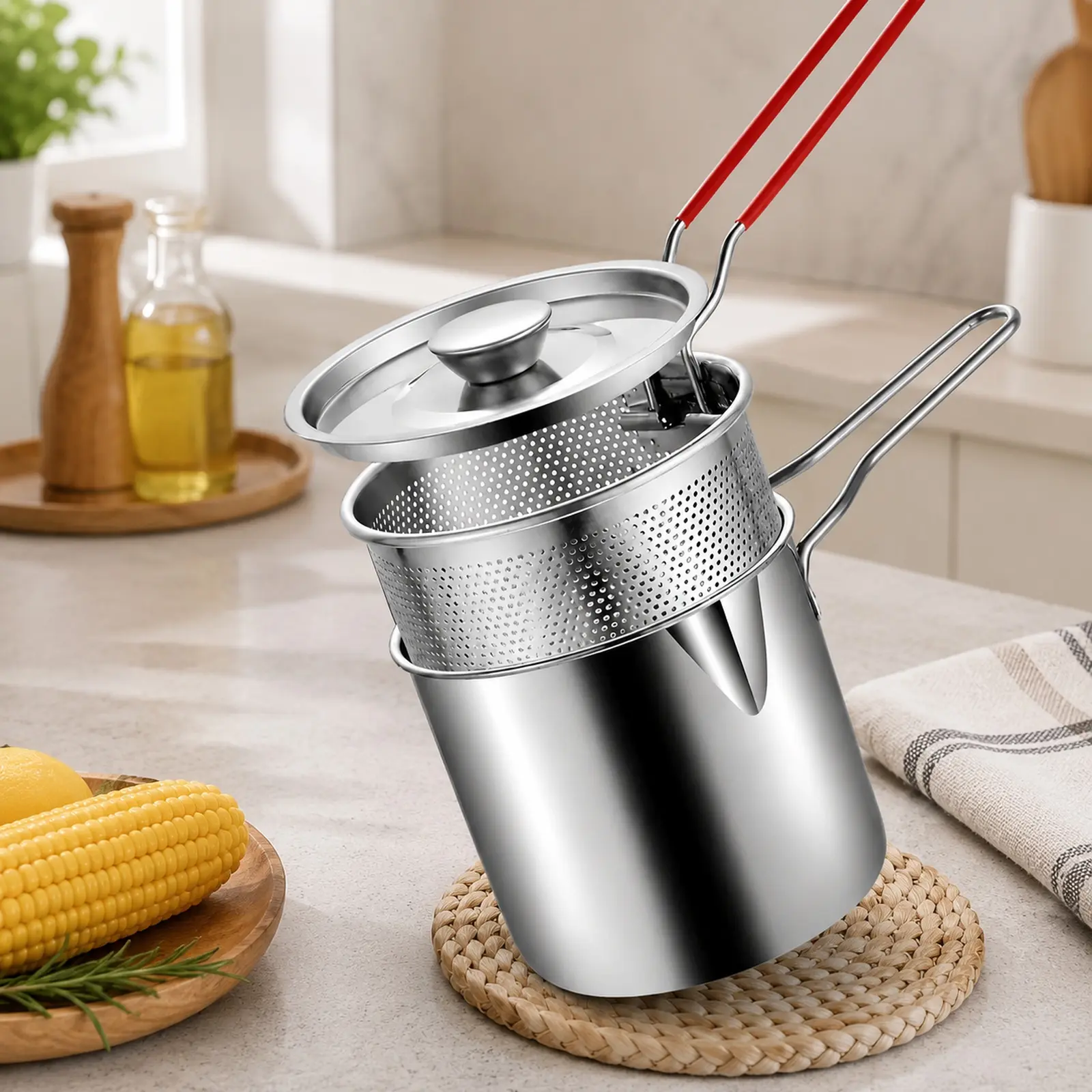 Frying Cookware Kit, Stainless‑Steel Compact Cooking Vessel with Mesh Filter Basket & Food‑Handling Clip, Practical Kitchen Supply for Preparing Fries, Chicken Wings, Tempura for Home Cooking