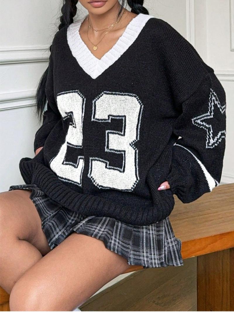 【Plus Size】 Figure Pattern Knit Sweater, Casual Long Sleeve V Neck Jumper for Fall & Winter, Women's Plus Clothing for Daily Wear