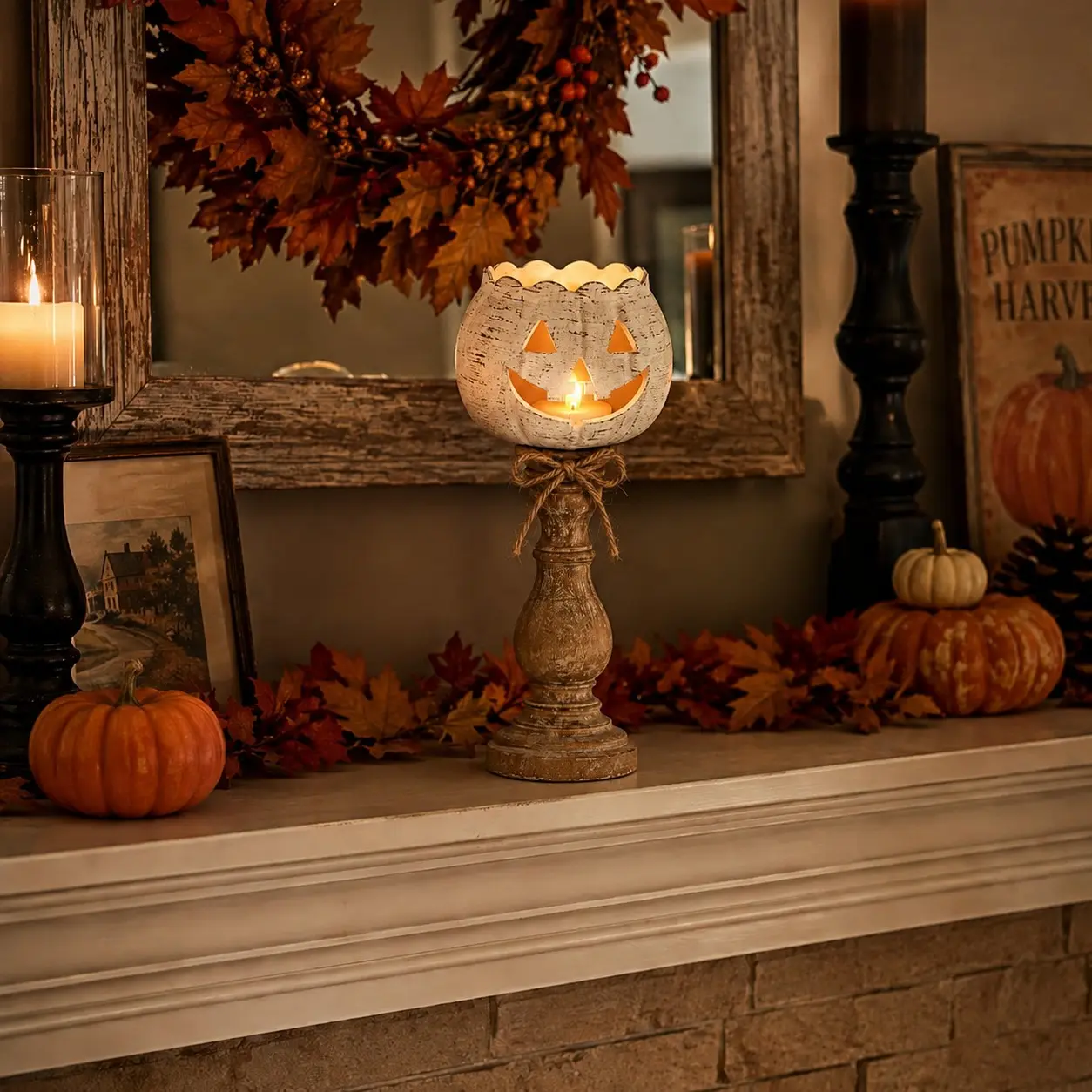 Country Style Pumpkin Candle Holders with Wooden Base and Jute Bow, Three Designs Farmhouse Jack O'lantern Tea Light Centerpiece for Halloween Dining Table Decor