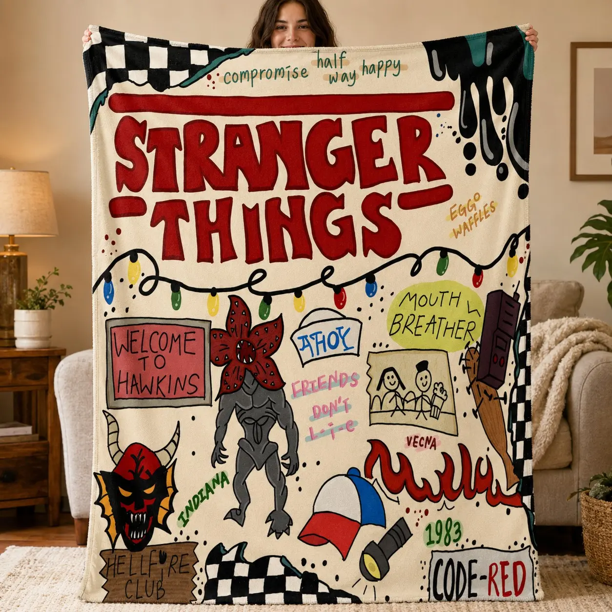 Stranger Things Flannel Blanket, Soft Cream Plush Throw, Hawkins Monster Print, Cartoon Printed Blanket, Cozy Netflix Fan Blanket, Halloween Gift