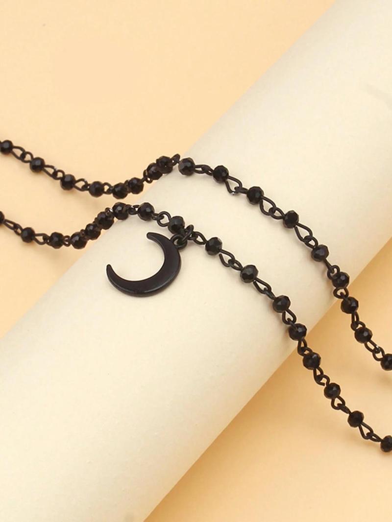 Punk Hip Hop Dangling Daily Wear Necklace Set, 2 Counts/set Gothic Moon Decor Dangling Charms Necklace & Beaded Necklace, Gothic Witchy Jewelry for Party & Daily Decoration, Charm Necklaces, Stackable Clavicle Chain, Fashion Necklace