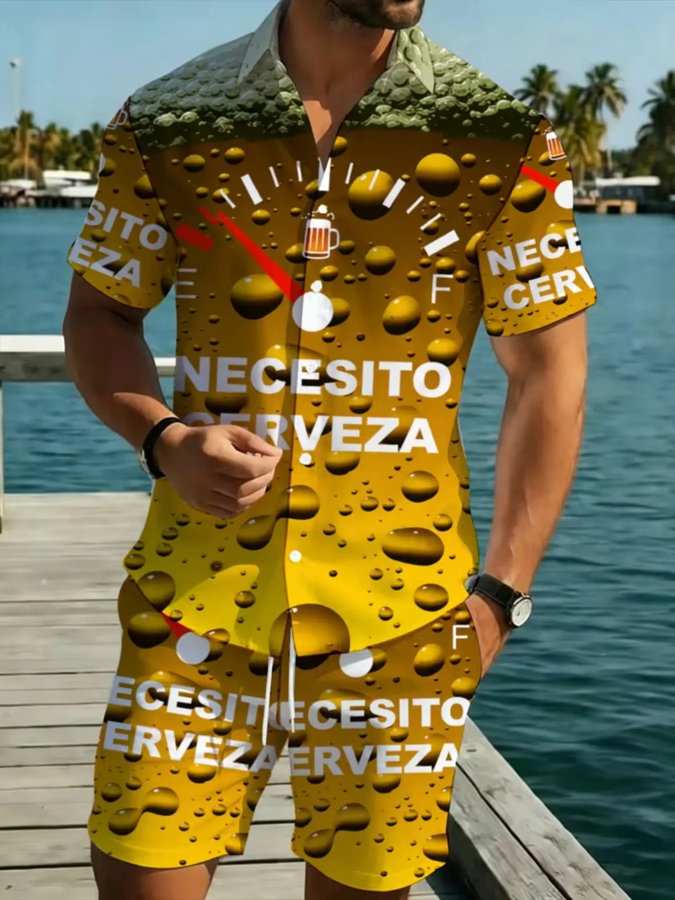 Men's Summer Beer Theme Short Sleeve Shirt Set, Geometric Print Casual Shorts Two-Piece Set, Trendy Beachwear for Vacation
