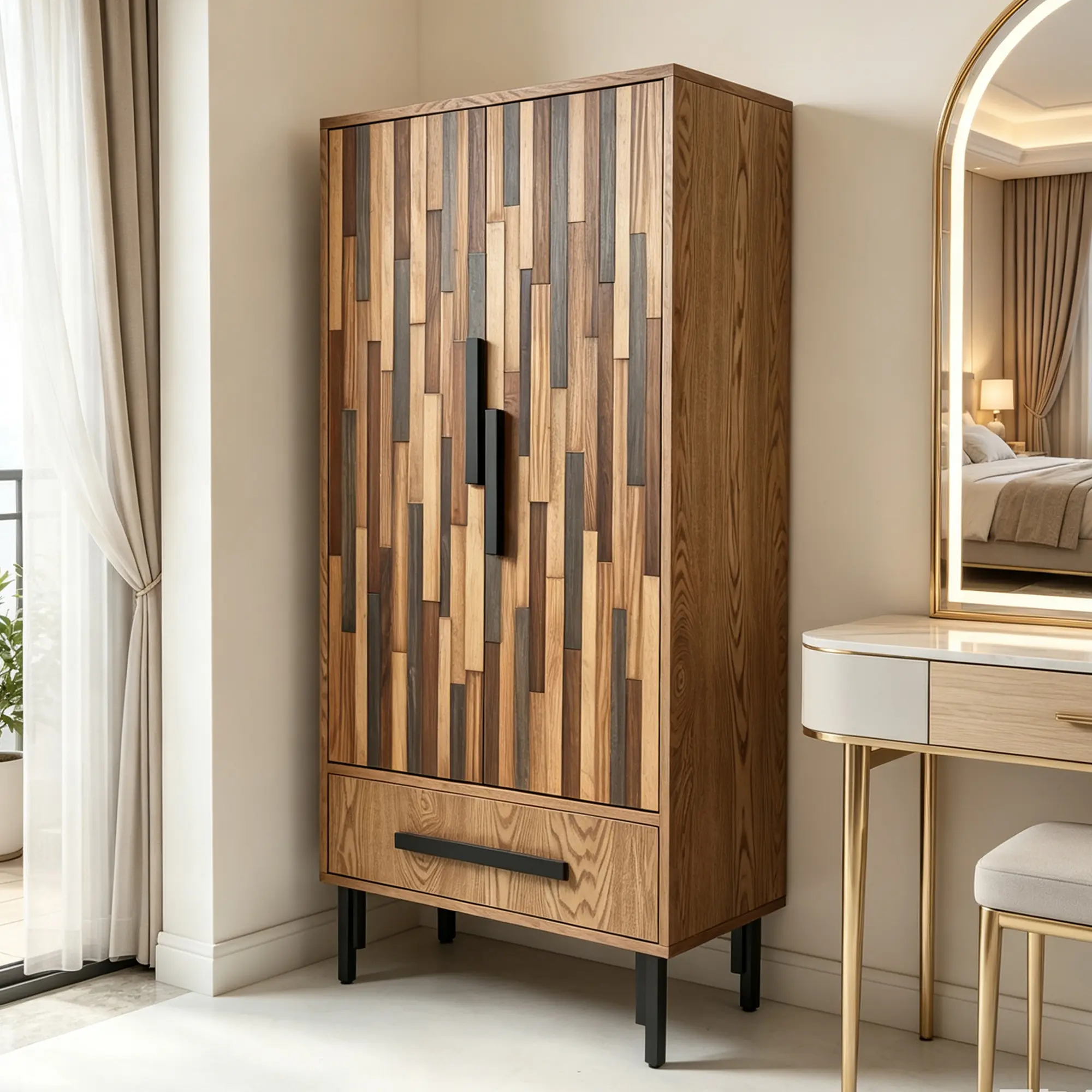ARCH 60in Tall Storage Cabinet with Drawer, 2-Door Wood Accent Cabinet with Straight Line Pattern, Adjustable Shelves, Iron Legs, Anti-Tip Strap, for Living Room, Hallway, Dining Room, Natural Finish, Natural Color Options, Wood Material