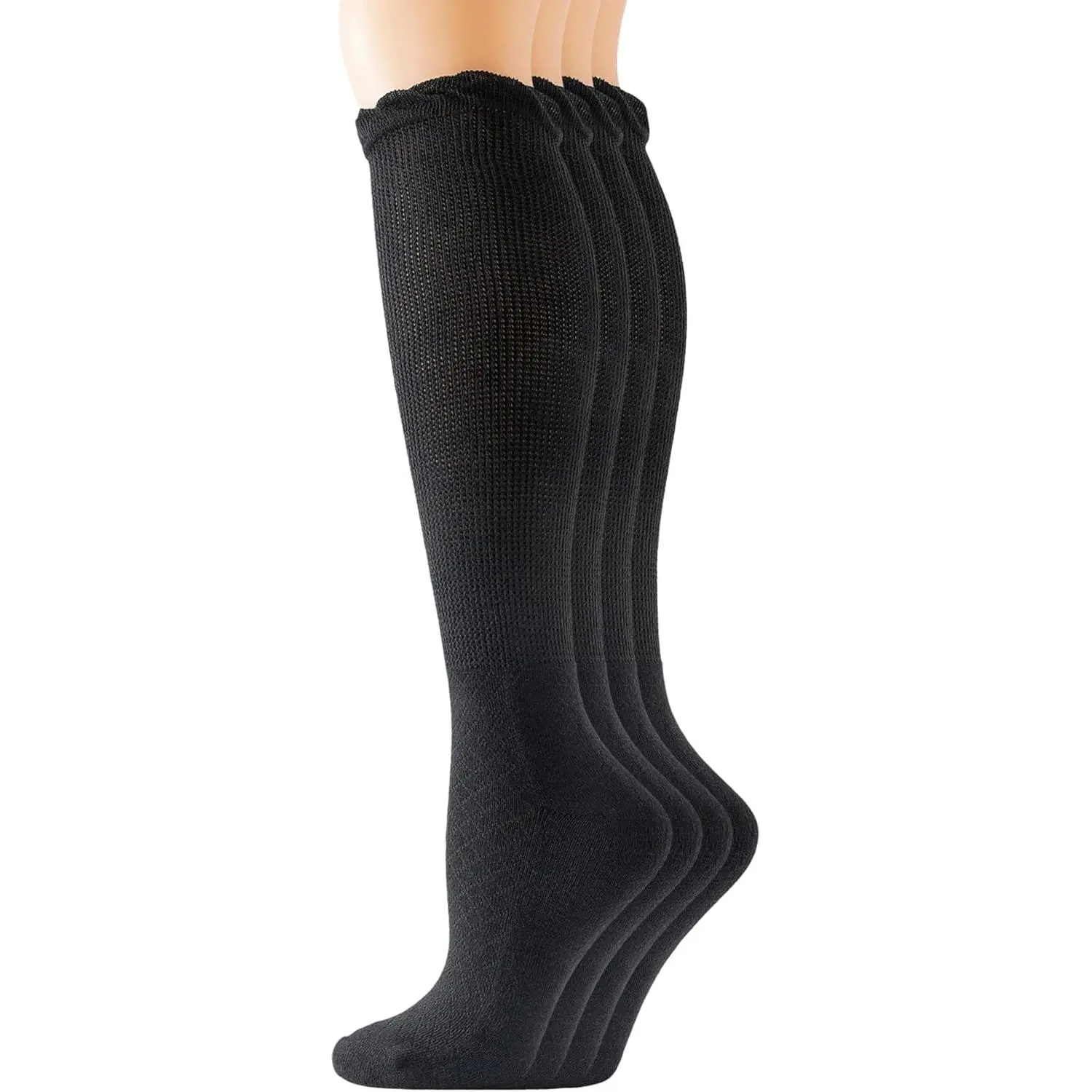 4 Pairs Womens Diabetic Bamboo Rayon Knee-Hi Seamless Socks Black Long Lace Non-binding Sock,9-11