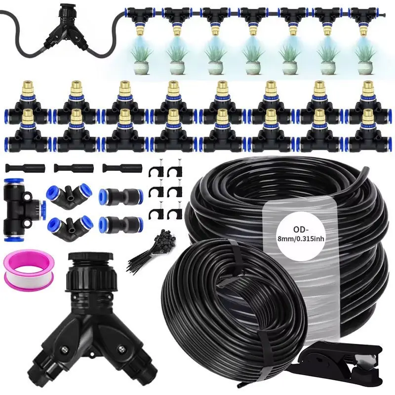 New Upgraded 787.4 Inch 5/8mm Nozzle Atomizing Nozzle Double Outlet Faucet Interface Watering System, Atomization Cooling System 360°, Suitable for Garden Irrigation Watering Vegetable Plant Spray Cooling