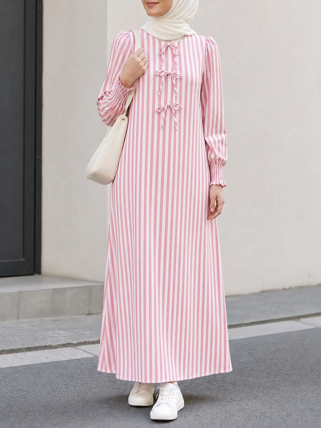 ZANZEA Women's Casual Fashion Dress, Muslim Kaftan Dress, Round Neck Long Sleeve Striped Butterfly Knot Decoration, Back Button Closure, No Pockets