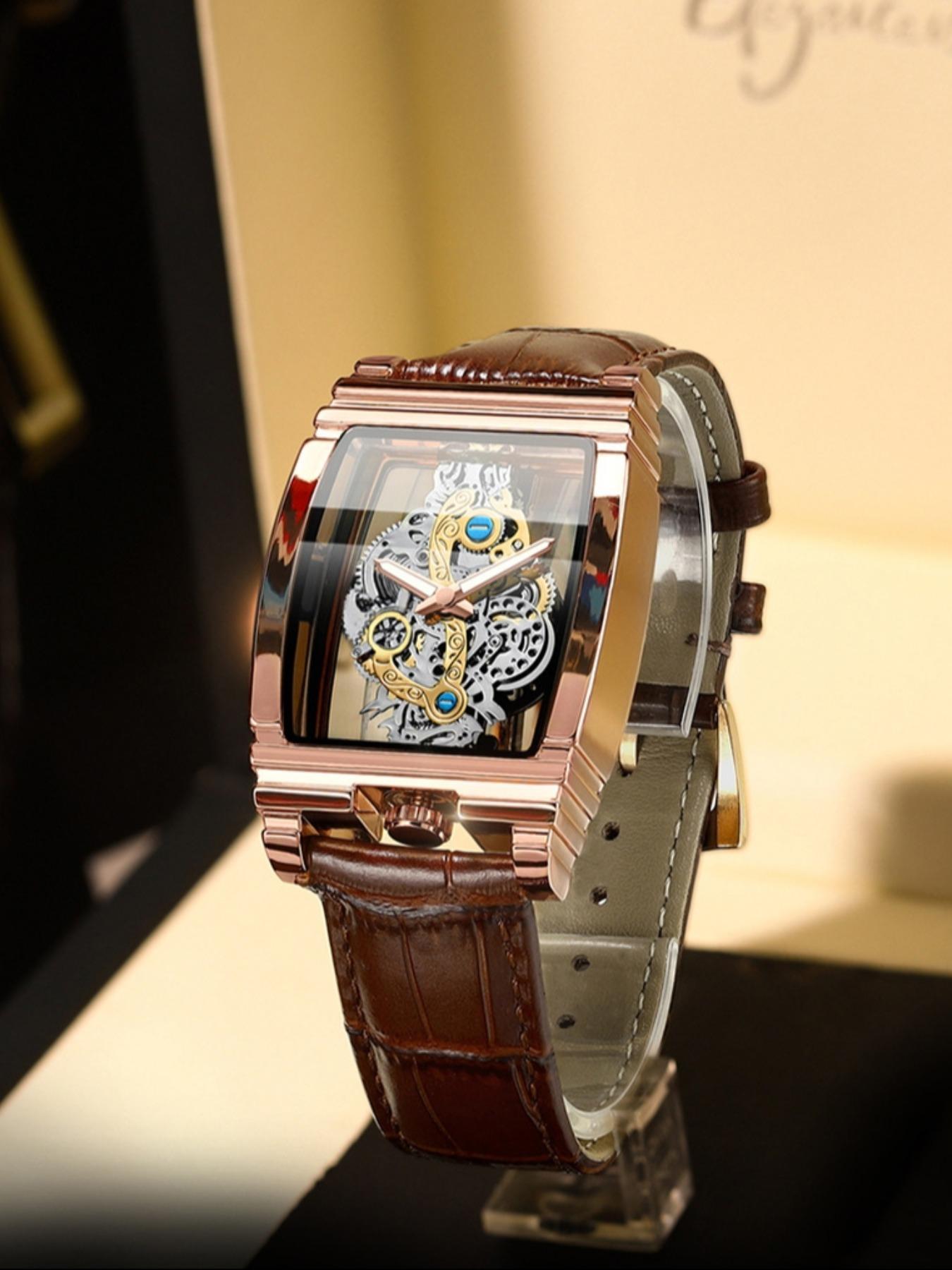 Men's Punk Fashion Barrel Shaped, Mechanical Style Skeleton Watches for Party, Daily Decor, Trendy All-match & Exquisite Watch for Birthday Gift with Box