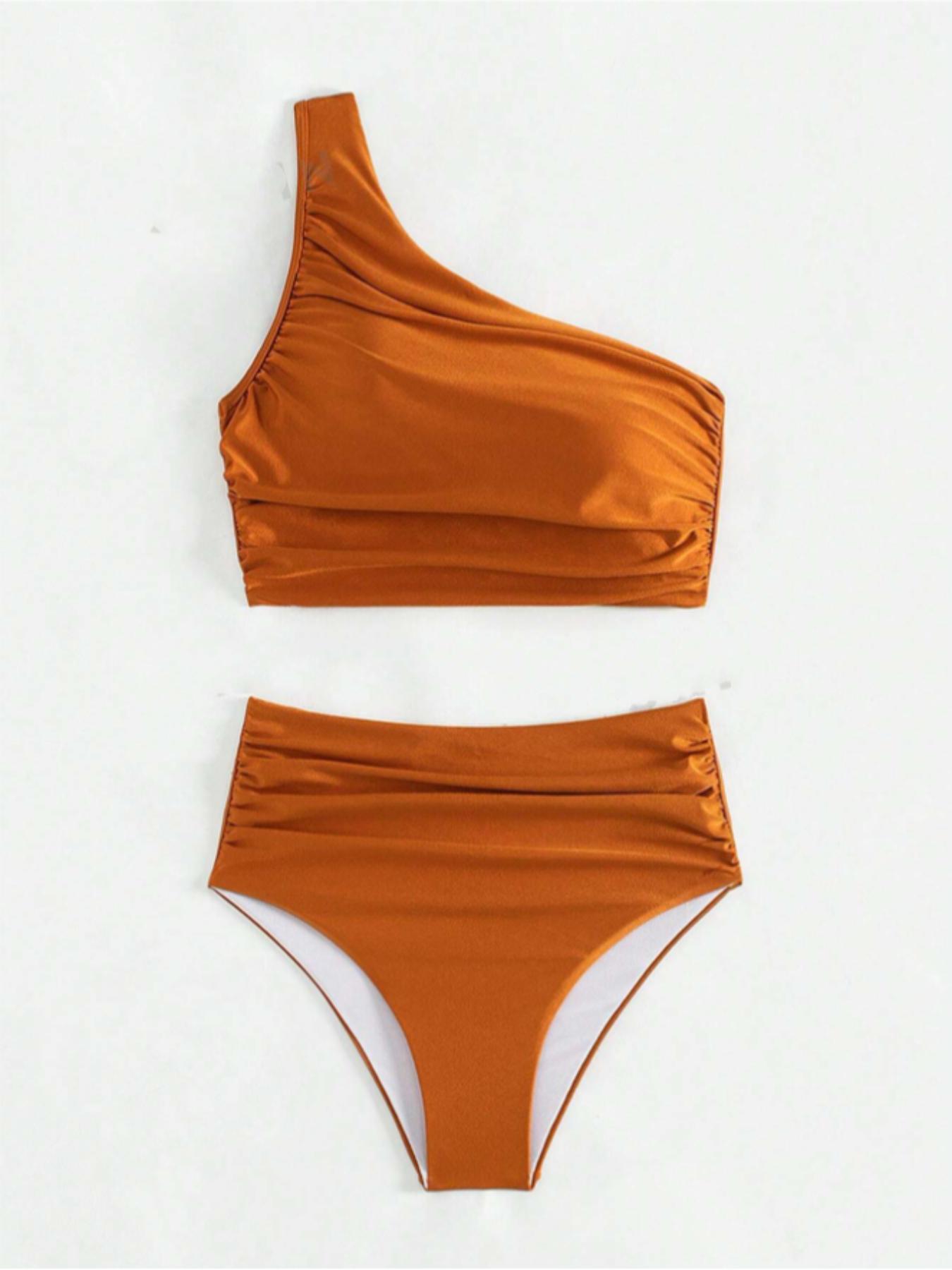 Ladies' pure-colored asymmetric-neck sleeveless pleated slim-fitting split swimsuit, Solid Ruched Swim Suits, with a shiny fabric that shines like stars, 2026 new, suitable for vacation, hot spring tourism, and gatherings, high-waisted