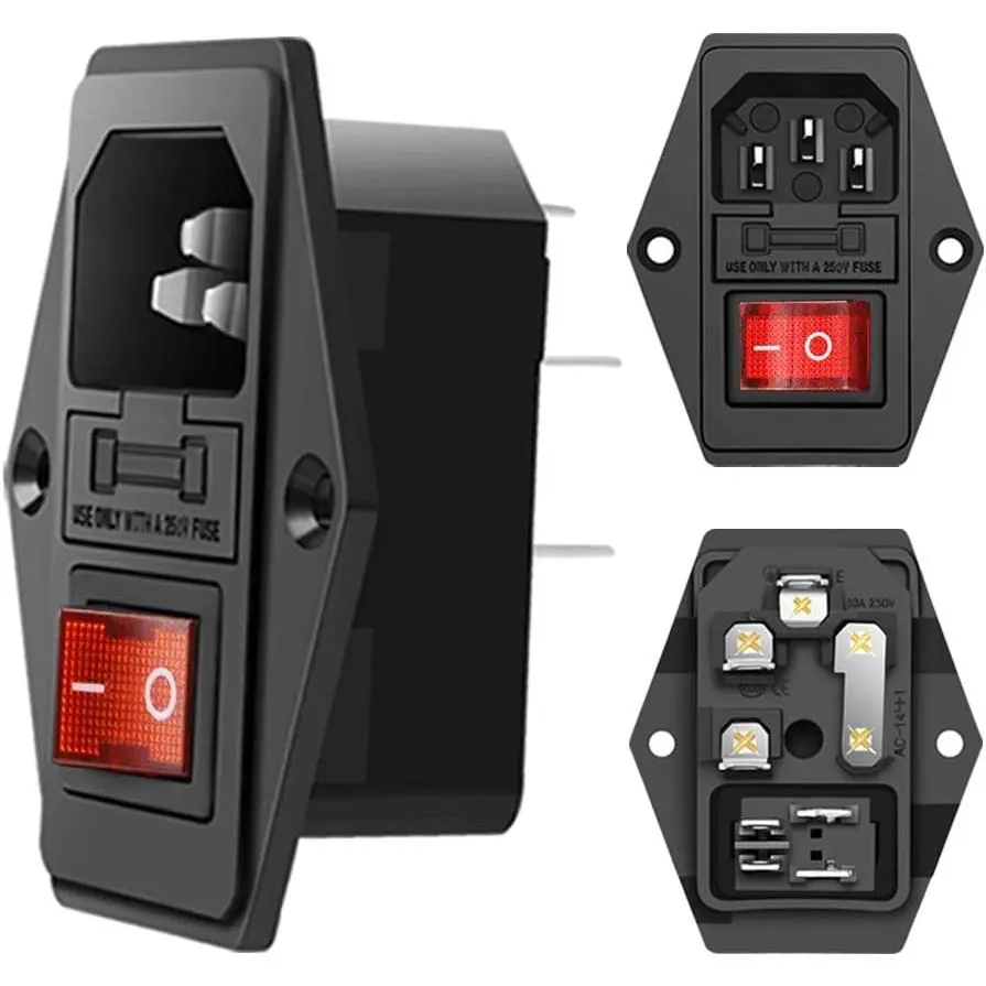 Module Plug,10A Fuse  Male Power Socket,Adapter Power Connector,3 Pins Inlet Power Socket,Black,Red Button,AC 250V 10A IEC 320 C14 3 count