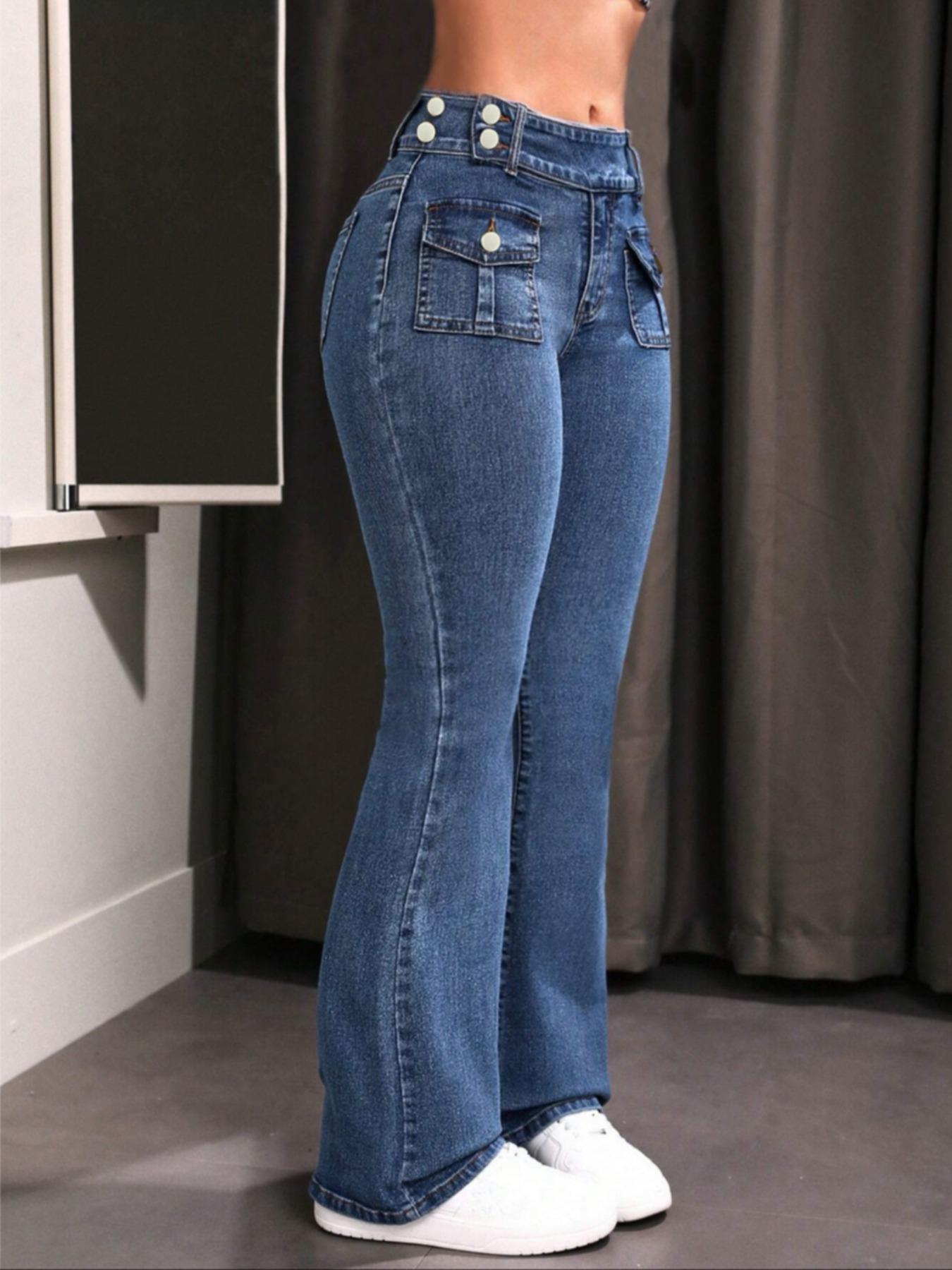 Women's Pocket Leg Stretchy Jeans, Flared High Waist Casual Comfy Bell Bottom Denim Trousers for Daily Wear, Ladies Bottoms for All Seasons Women's Pocket Leg Stretchy Jeans, Flared High Waist Casual Comfy Bell Bottom Denim Trousers for Daily Wear, Ladies Bottoms for All Seasons