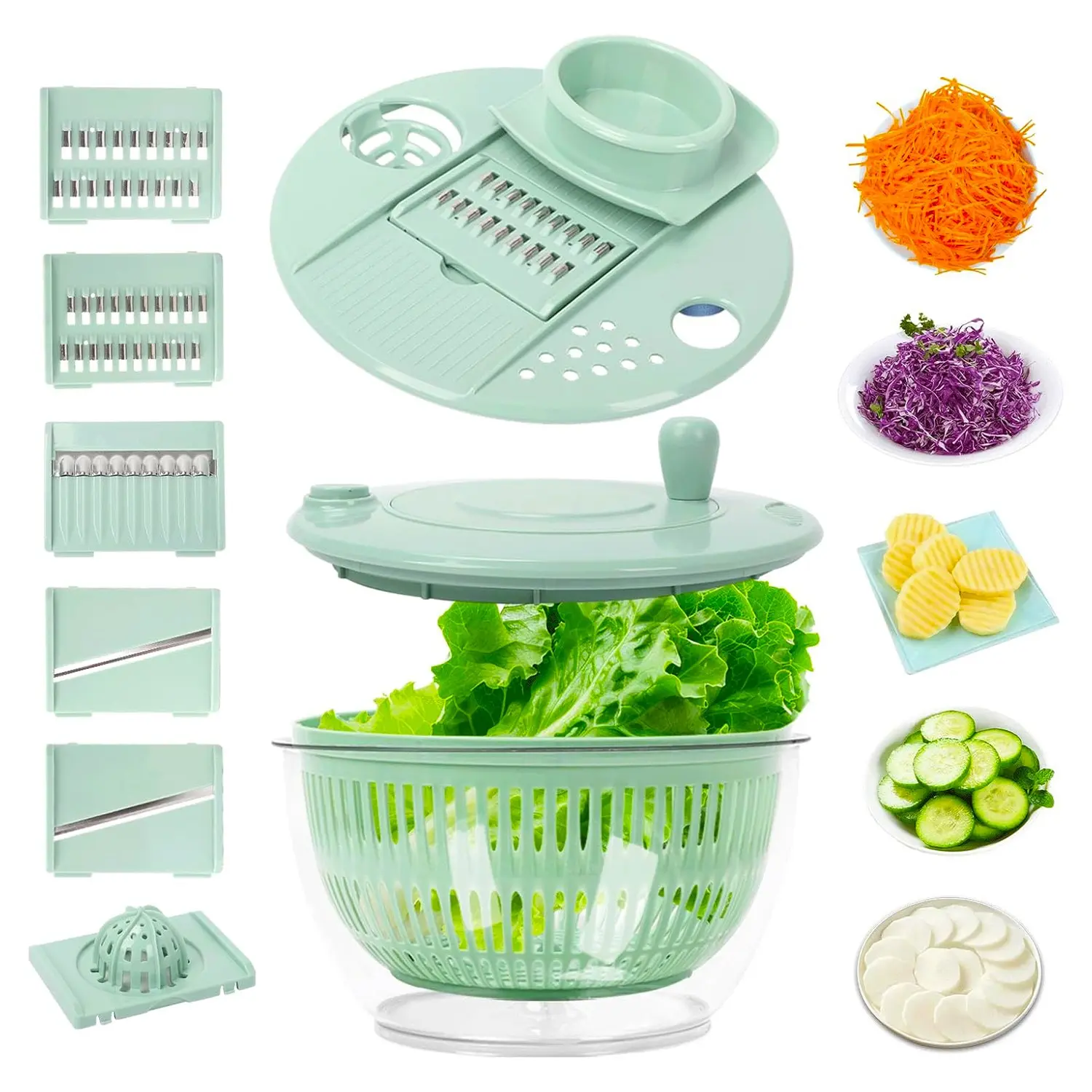 Salad Spinner Large, 5.3 QT 5 IN 1 Lettuce Spinner Dryer with 5 Blades Slicing and Pureeing Vegetables Wash Bowl Kitchen Gadgets for Efficient Salad Preparation Food Washing