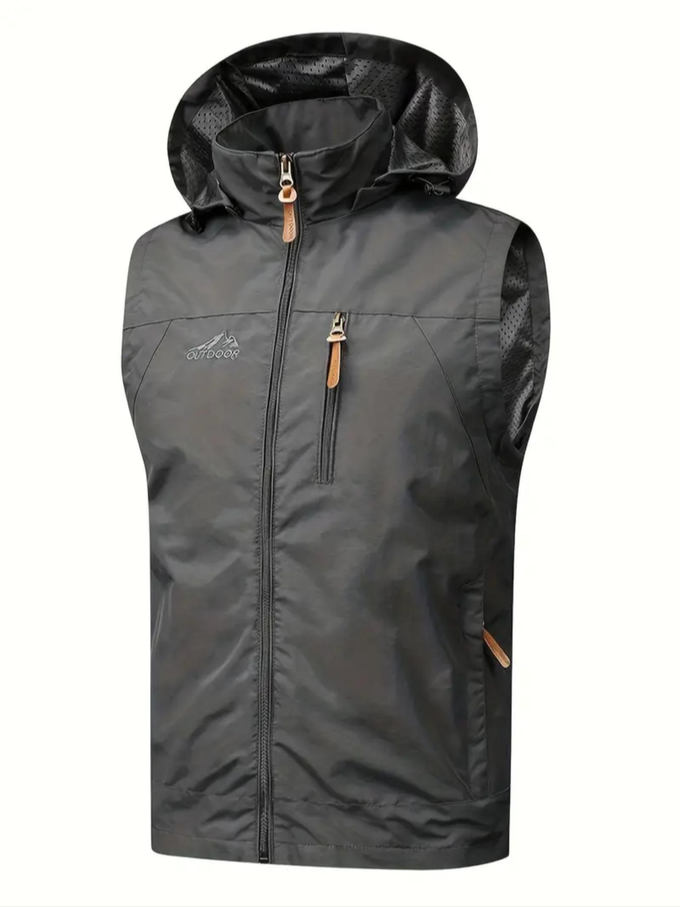 Men's Letter Graphic Embroidery Drawstring Zip Up Vest Zipper Hooded Vest Jacket, Regular Fit Casual Pocket Sleeveless Outerwear for Fall & Winter, Men's Clothes for Outdoor Activities