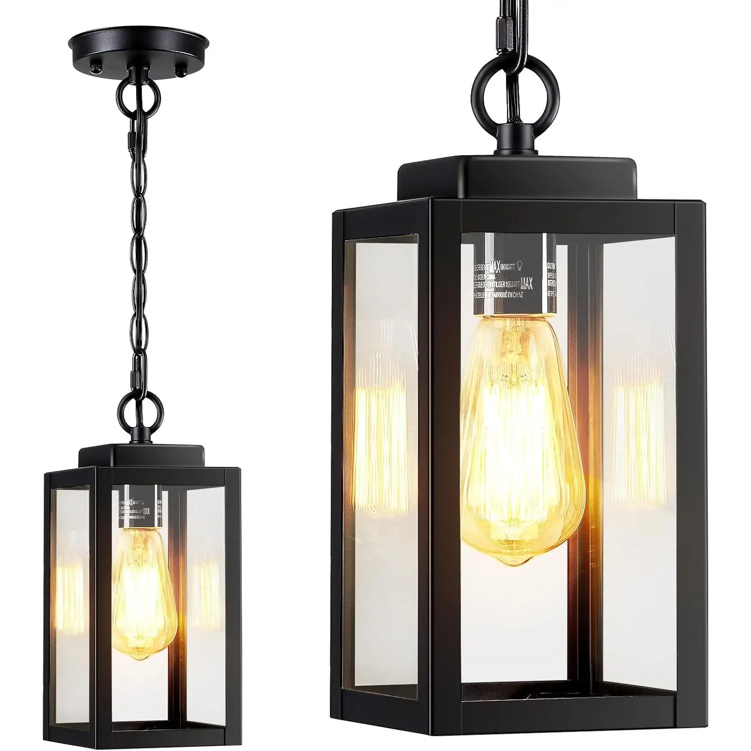 11'' Outdoor Pendant Light Modern Hanging Lantern Chandelier Matte Black with Clear Glass Exterior Lighting Fixture for Porch Yard Gazebo 1Pack