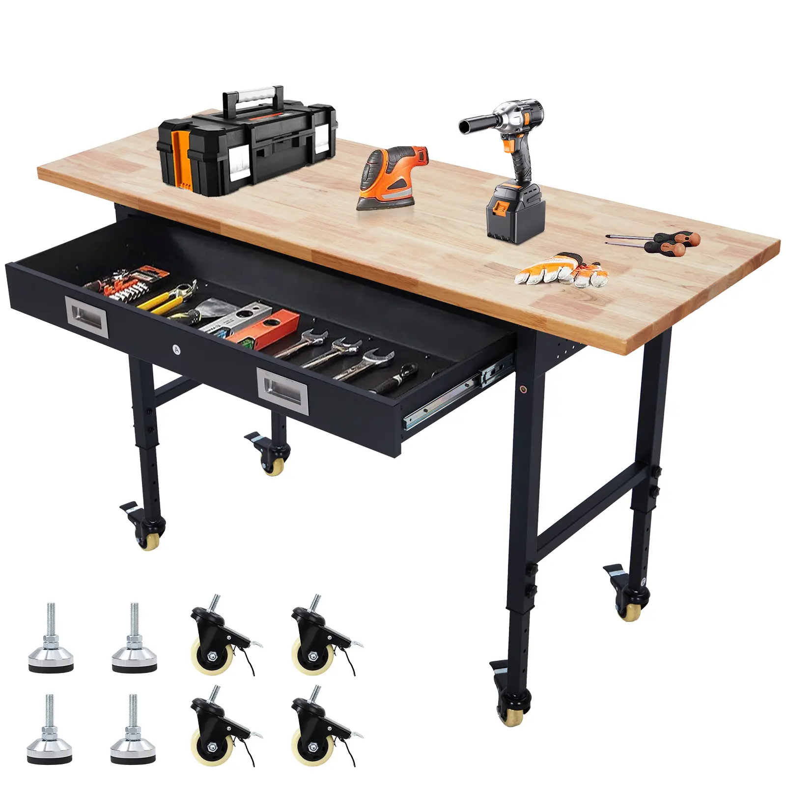 60" Adjustable Height Heavy-Duty Workbench - 60x22 Rubberwood Top, 2000-2200 lb Load, Drawers & Storage, Built-In Power Outlet, Locking Casters
