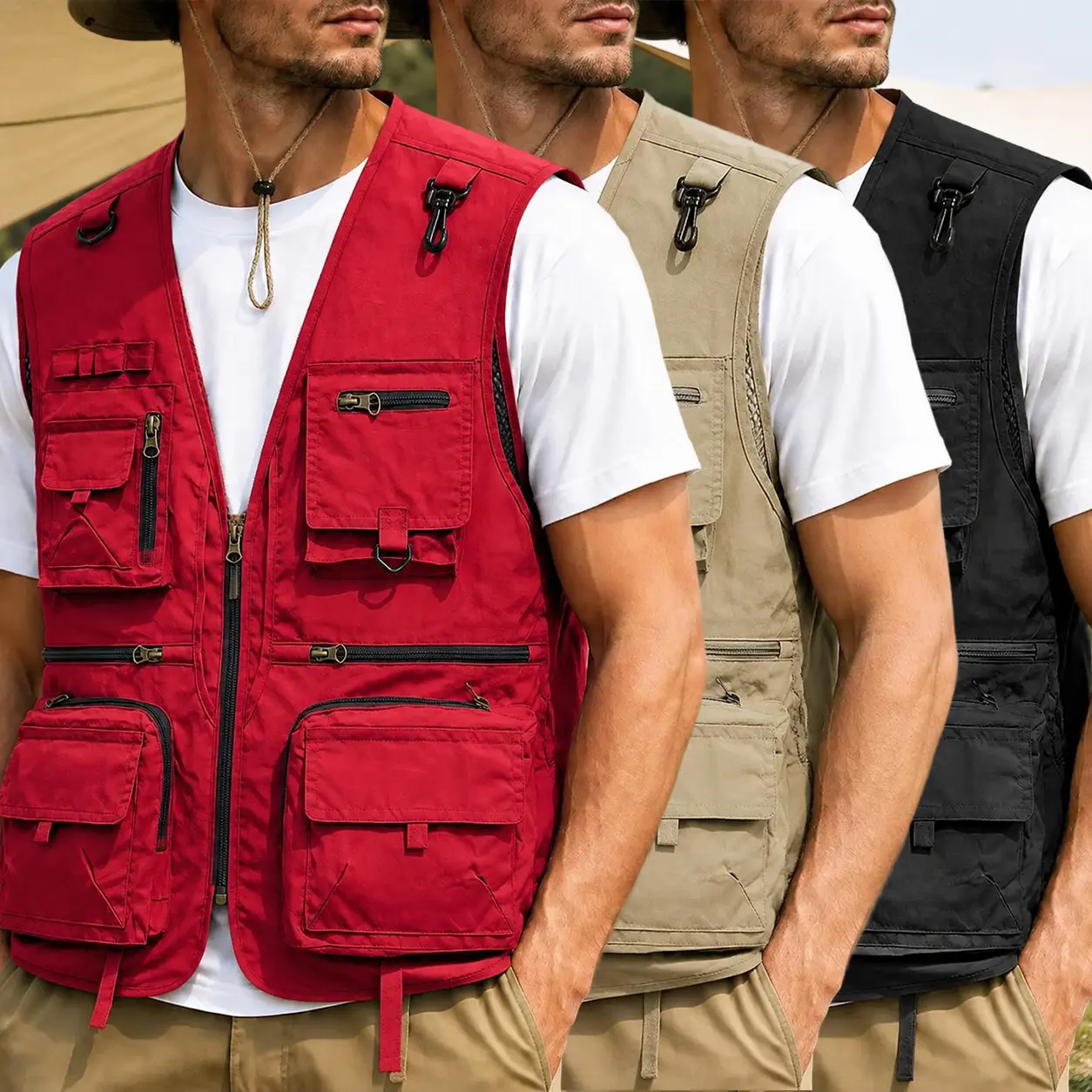 Veiskor Men's Mesh Lined Cargo Vest Multi Pockets Sleeveless Zip Up Utility Fishing Photography Vest Outdoor Hiking Camping Travel Workwear Breathable Lightweight Gilet