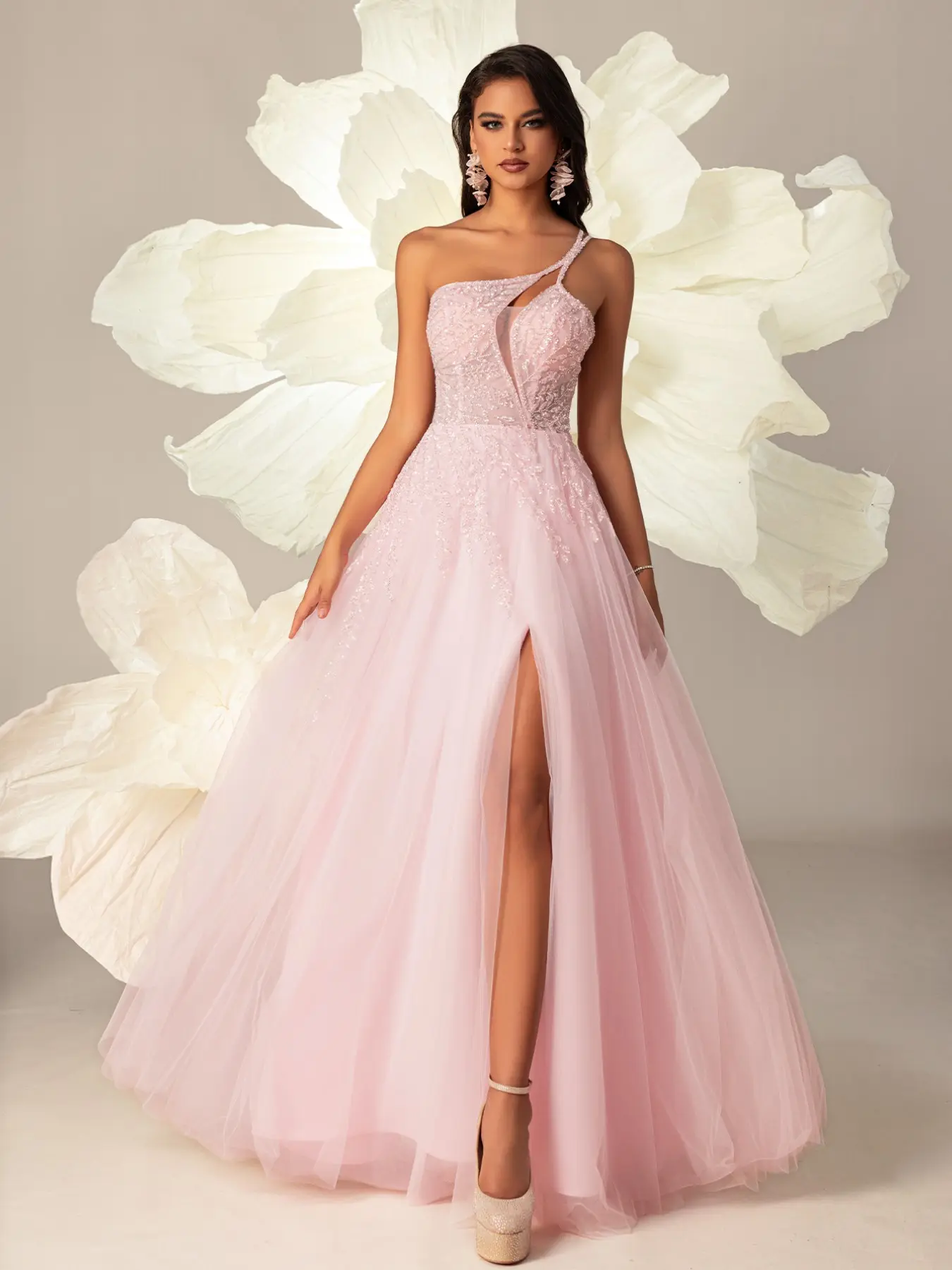 Elegant Asymmetrical Neckline Beaded Chiffon Ball Gown, A-Line High Slit Evening Dress, Dreamy Formal Party Dress, Graduation Party Dress, Women's Formal Long Dress, Wedding Guest Dress