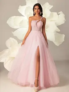 Elegant Asymmetrical Neckline Beaded Chiffon Ball Gown, A-Line High Slit Evening Dress, Dreamy Formal Party Dress, Graduation Party Dress, Women's Formal Long Dress, Wedding Guest Dress