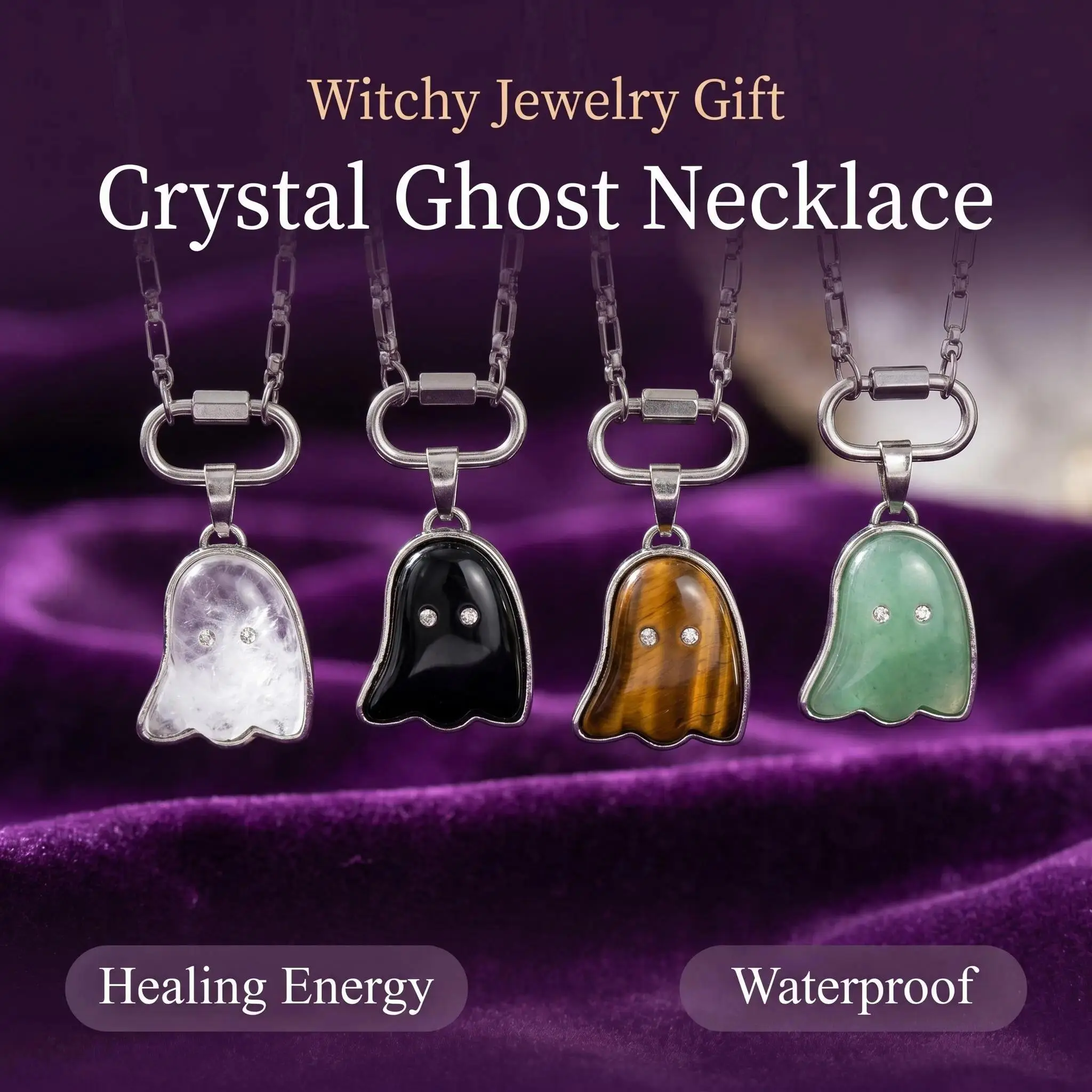 Unisex Metal-Coated Crystal Ghost Necklace - 20" Pendant & Reiki Chakra Healing Amulet, Luxury Witchcraft Aesthetic Jewelry for Spiritual Balance & Daily Wear