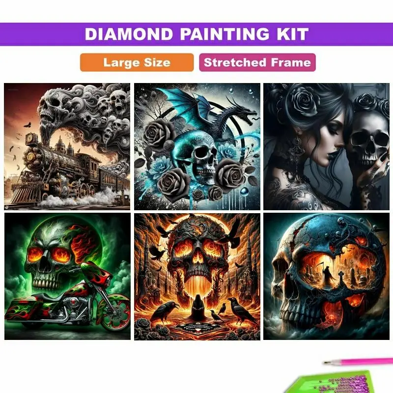 5D DIY Round Drill Needlepoint Frame Diamond Painting Cross Stitch Kit - Gothic Skull Motifs Collection with Steampunk Train, Dragon, Roses, Flaming Motorcycle, Graveyard Art, Dark Fantasy Vintage Style, Halloween Decor, Gothic Wall Art Gifts, DIY Bling