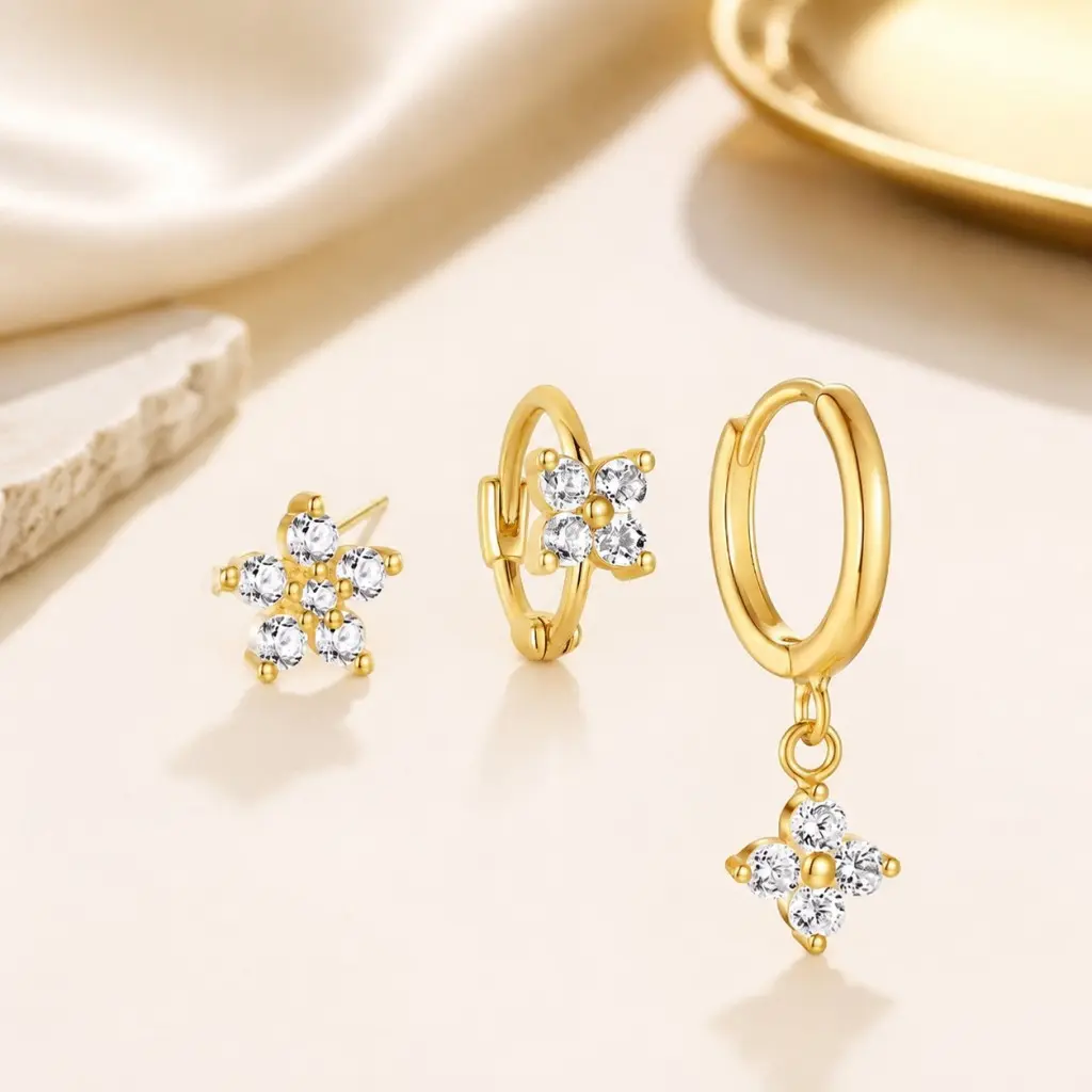 Women's 6Pcs Clover Zircon Female Set, S925 Sterling Silver Gold-Plated Stackable Huggie Hoop Earrings, Sparkling Cubic Zirconia Stud & Dangle Drop Styles, Hypoallergenic Multi-Piercing Jewelry, Daily Wear & Wedding Gift spicy accessories sohochic