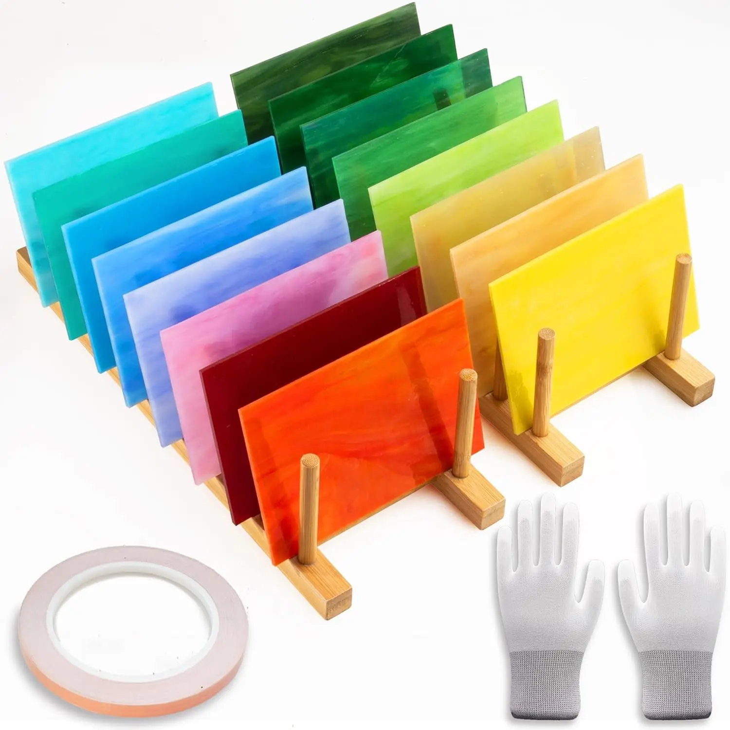 16 Sheets 4x6 Iridescent Opaque Stained Glass Sheets Mosaic Glass Cathedral Art Supplies with Copper Foil Tape and Gloves for DIY