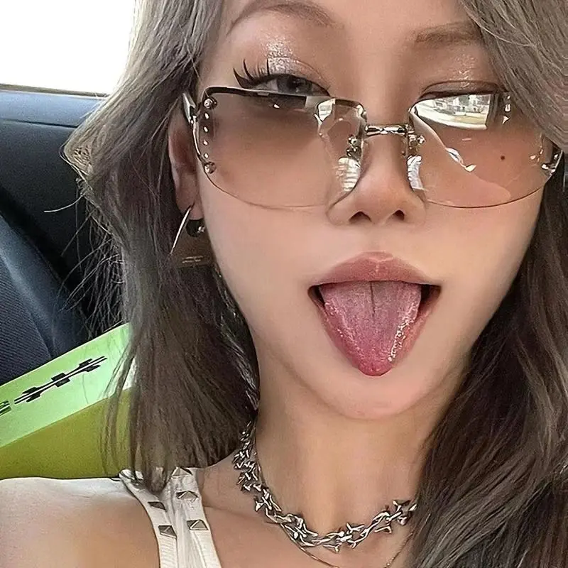 Women Y2K Cyberpunk Frameless Glasses, Multi-Style Metallic Decor Sunglasses – Square Cat Eye, Oversized Aviator, Night Yellow Tint Rectangle Shades, Lightweight Trendy Fashion Eyewear