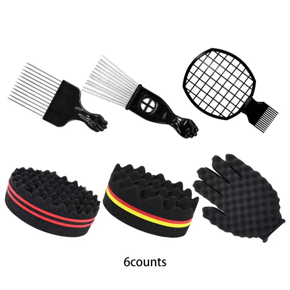Multifunctional Hair Styling Tool 6 Count Set, Wave Sponge Twist Brush Wide Tooth Metal Afro Pick Comb, Portable Hair Sponge Glove for Men Women Natural Hairstyles