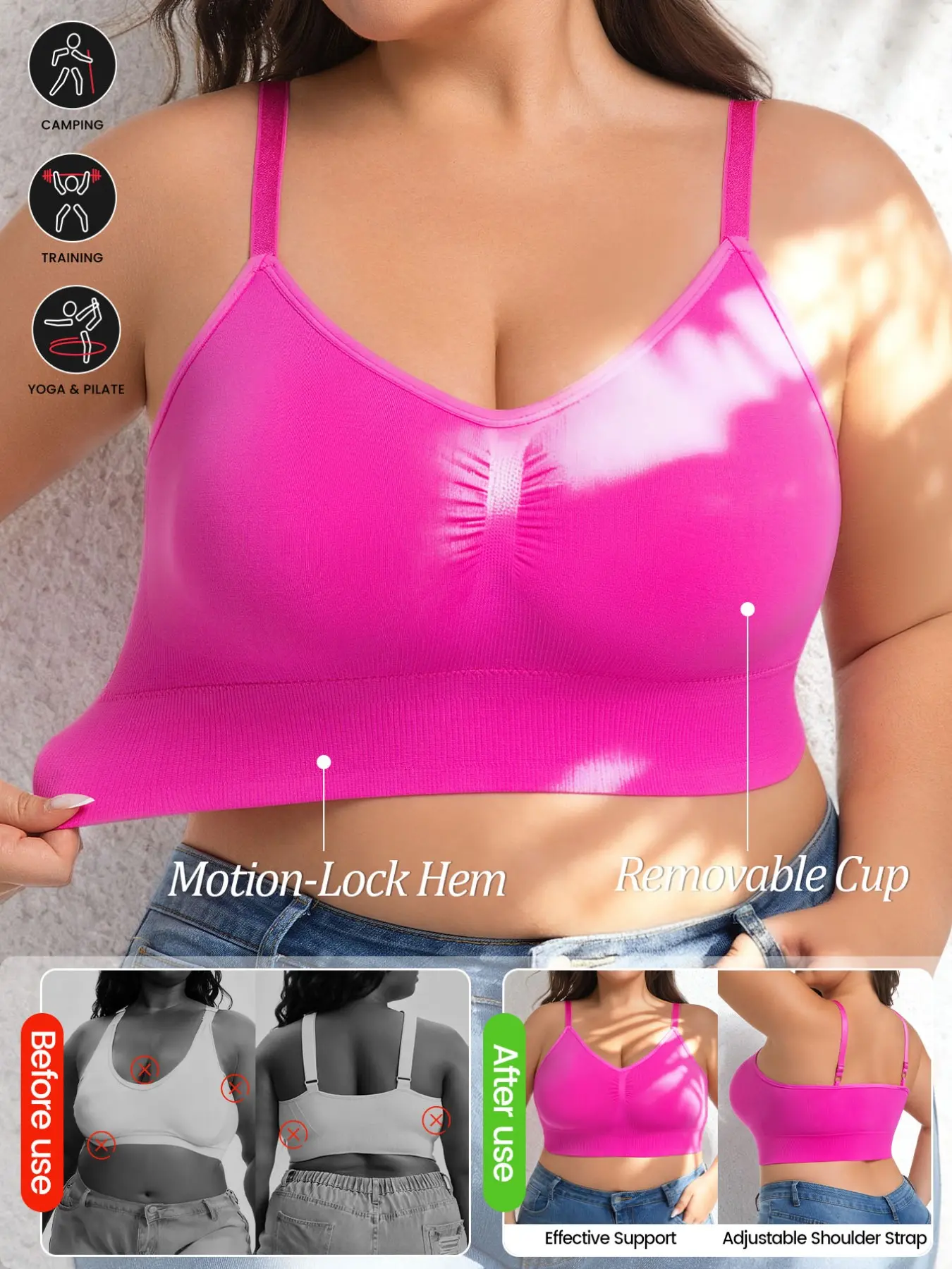 Women's Plus Size Seamless Bra, Plain No Underwire Removable Pads, Breathable Comfort Shockproof, All Season Female Bras, 4 Colors Available