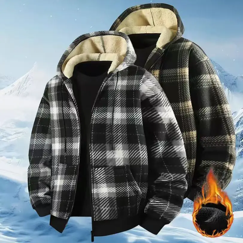 Men's Plaid Jacket Hooded Sherpa Fleece Lined Flannel Hoodie Zipper Thermal Winter Warm Coat Heavyweight Thick Shacket Tartan Check Outerwear Streetwear Casual Pocket Black White Green Khaki Male Fashion Clothing Apparel Tops cozy soft cool clean 2-Colors