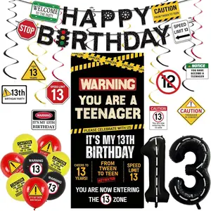 13th Birthday Decorations Boys Girls, Black Happy 13th Birthday Banner Backdrop Balloons Hanging Swirls, Caution Logo Themed Teenager 13 Years Old Party Yard Door Wall Cover Background
