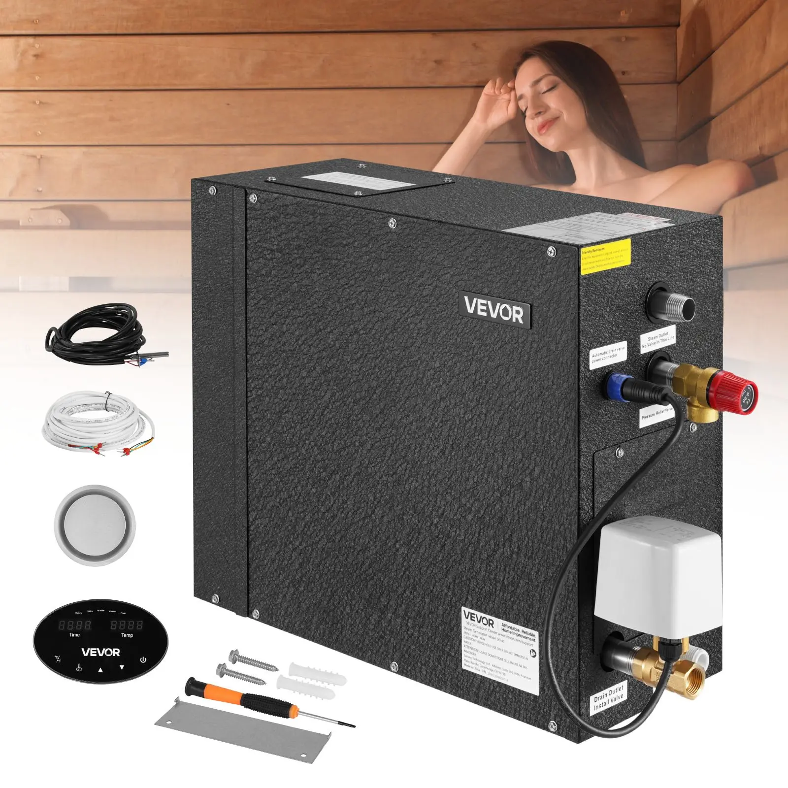 VEVOR DO-40 Steel Steam Generator, 4 kW Sturdy Build Steam Shower System with Controller, 19.09x7.28x14.96in 26.24 lb, Commercial Auto Drain Kit, Overheat/Dry-Run/Overpressure Protection, 10 Min-24h Efficiency, Black