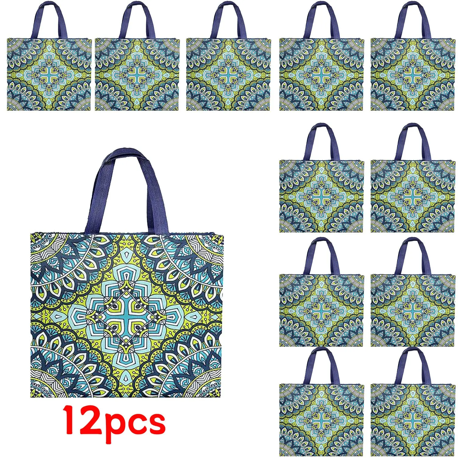 12pcs Reusable Gift Bags with Handles, Mandala Pattern Tote Gift Bags for Christmas, Wedding, Birthday, Party Favors and Shopping, Gift Wrap Bags
