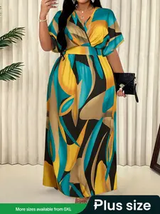 Elegant Sexy Women's Geometric Print Casual Dress Plus Size V Neck High Waist Wrap Dress, Fitted Woven Fabric, All Seasons Fashion