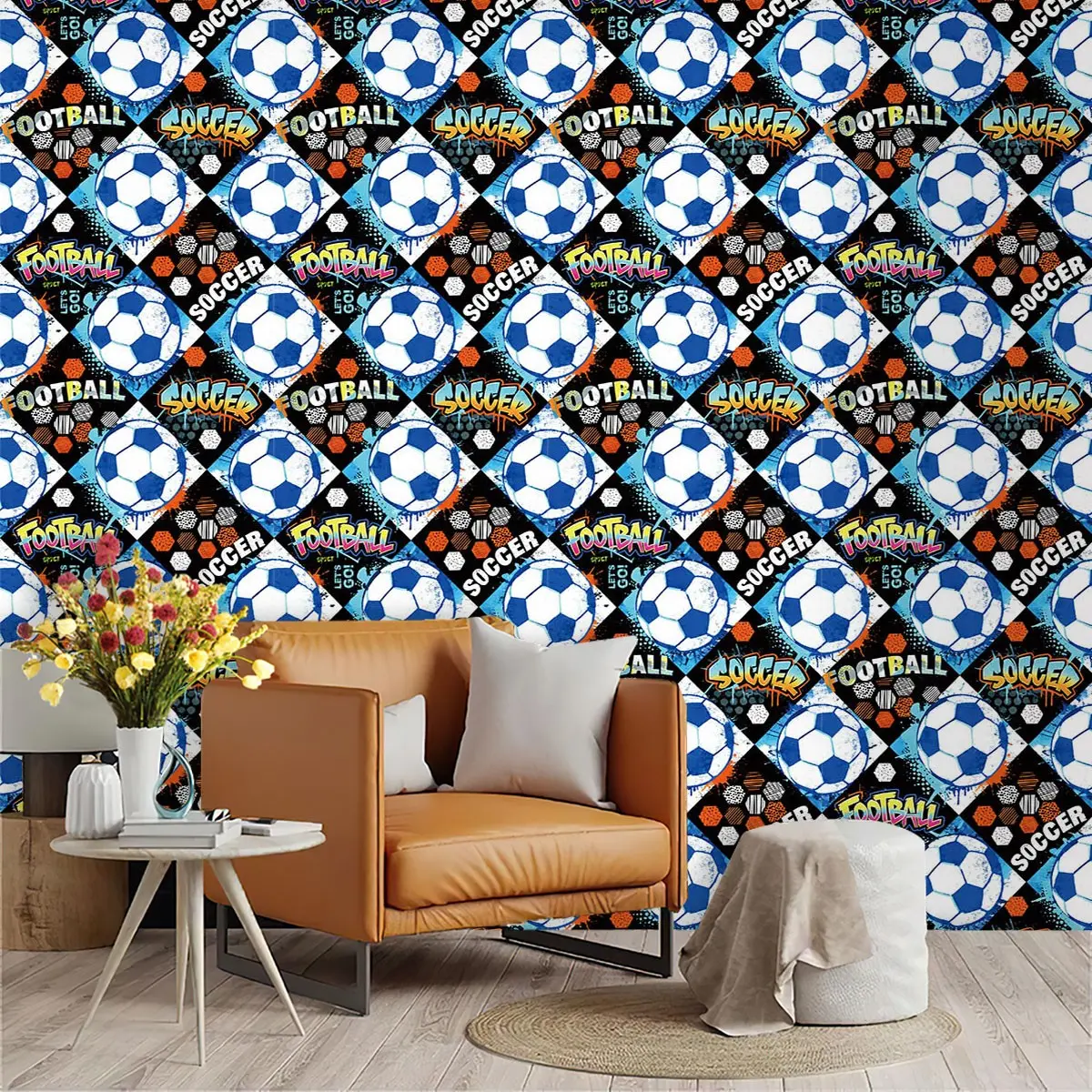 1 roll of street graffiti style football wallpaper blue and white football diamond plaid + SOCCER slogan suitable for wardrobe sink bedroom living room background wallpaper