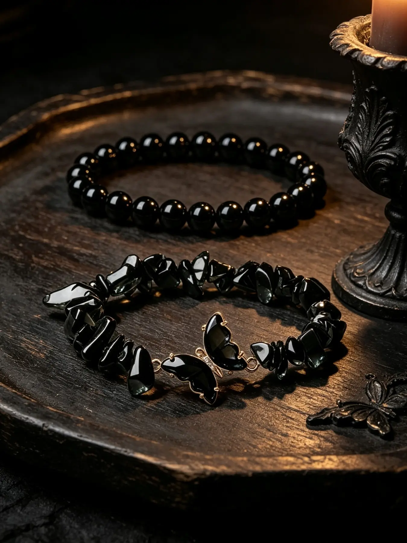 2-Piece Black Obsidian Stretch Beaded Bracelet Set, Smooth Round Black Beads & Irregular Chip Beads With Exquisite Gold-Tone Butterfly Metal Ornament, Sleek Dark-Tone Unisex Wrist Jewelry, Ideal For Daily Wear