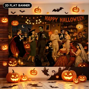 2D Flat Banner 1pc, Backdrop, Halloween Theme, Monster Cocktail Party Neon Lights, Festival Party Setup/Studio Photography/Commercial Space Decor/Event Exhibition, Polyester, Indoor & Outdoor