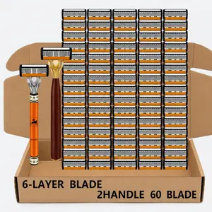Men's Luxury Shaving Set, Includes 2 Ergonomic Handles, 60 Replacement Blades, 6-Layer Blade System, Precision Beard Trimming