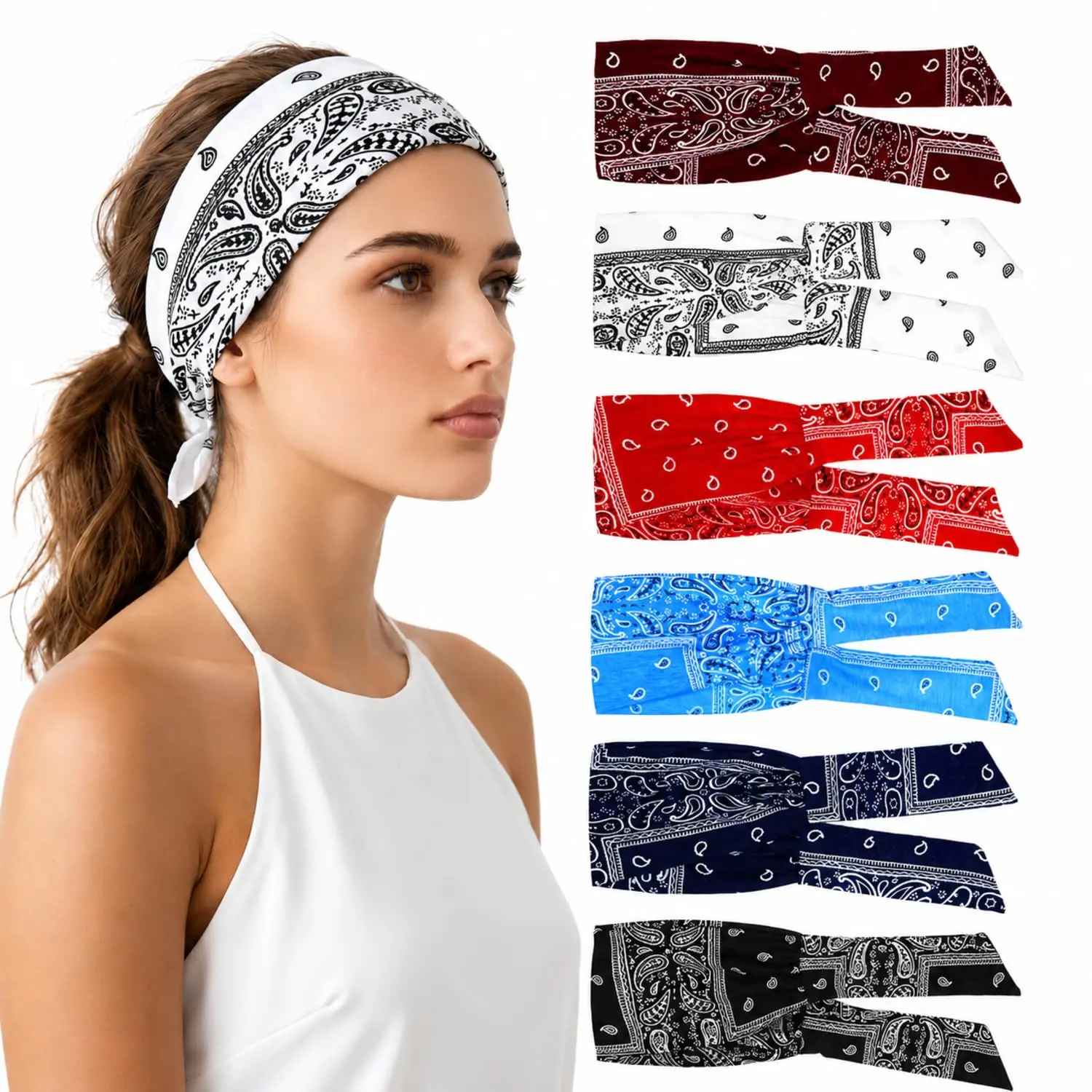 6 count Tie Headband for Women, Adjustable Wide Bandana Headband Tie, Knotted  Hairband, Yoga Elastic Non Slip Turban Hairbands for Running Hiking Cycling Workout(Paisley Patterns)