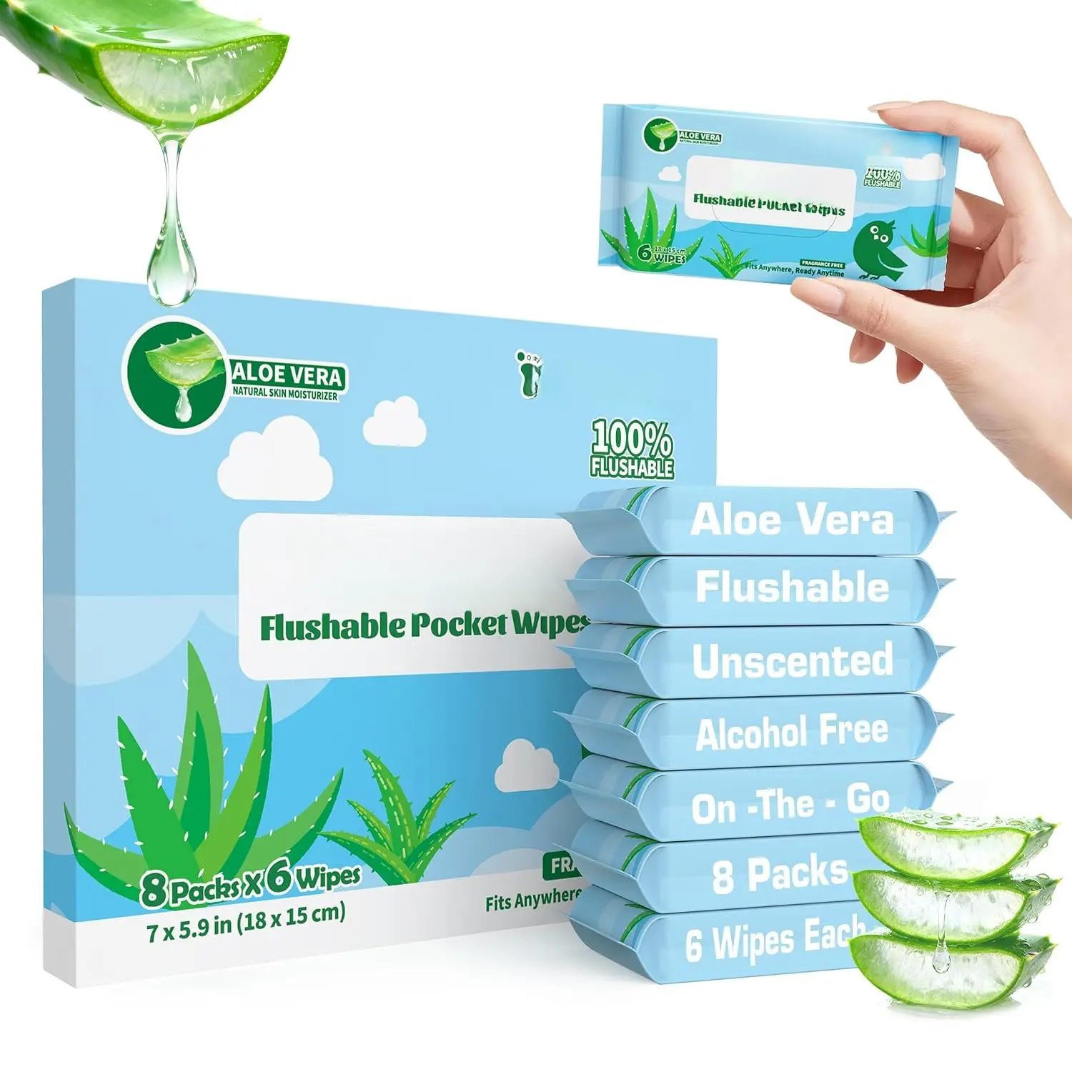 Flushable Travel Wipes with Aloe Vera, 99% Water Moisturizing Mini Wet Wipes for  , Unscented Pocket Wipes for  The Go Travel Essentials,  48 Count (8 Packs of 6)