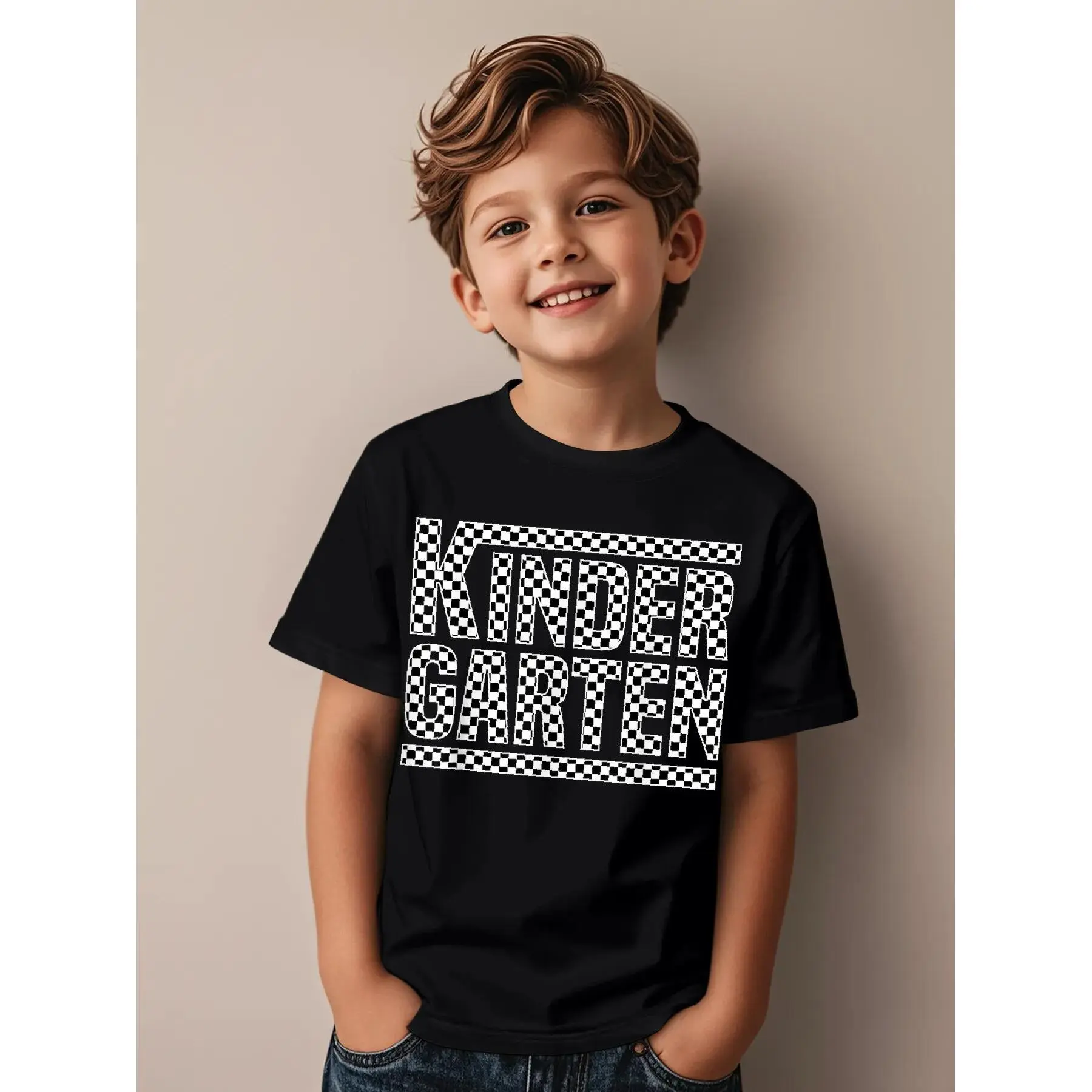 Kids' Checkerboard Cotton Casual Tee - Crew Neck, Short Sleeves, Regular Fit, Back to School Graphic Top for Kindergarten Boys & Girls