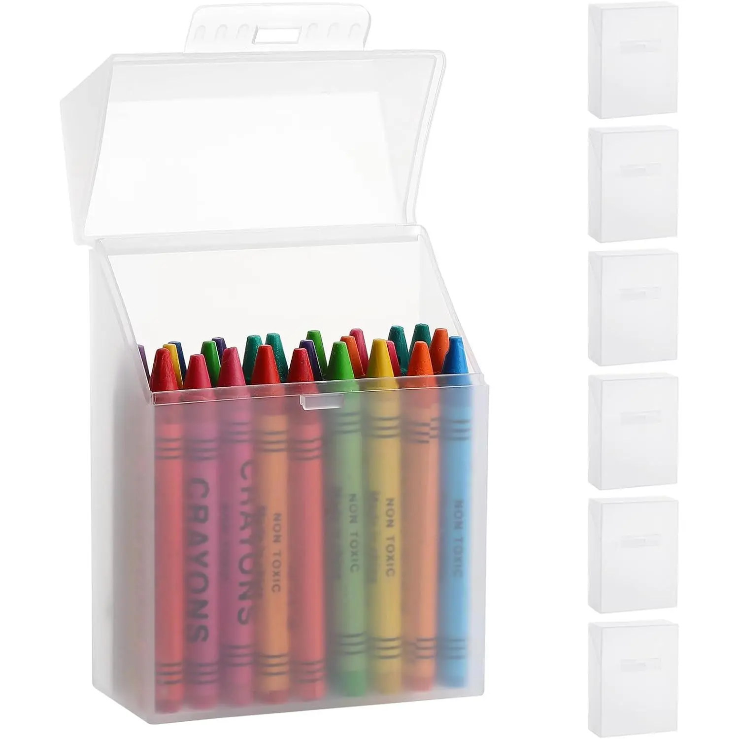 6 count Plastic Clear Crayon Box Bulk Crayon Storage Organizer Stackable Holds 24 Crayons Boxes With Hinged Lid and Snap Closure for Pens School Office Supplies Organization