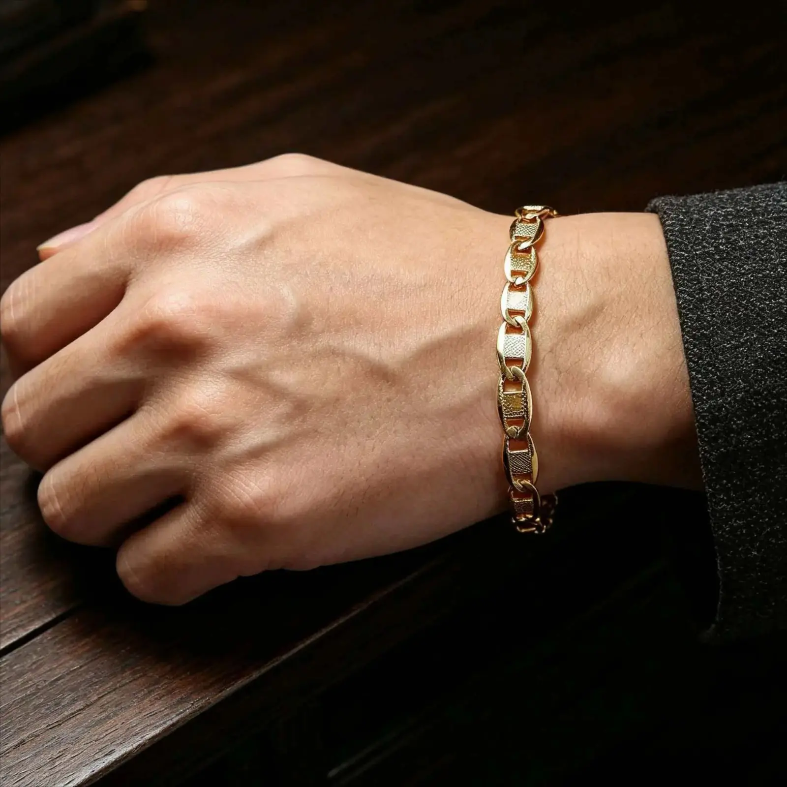 LOVE Engraved Gold Figaro Chain Bracelet for Women, Delicate Textured Link Bracelet, Romantic Jewelry Gift for Her